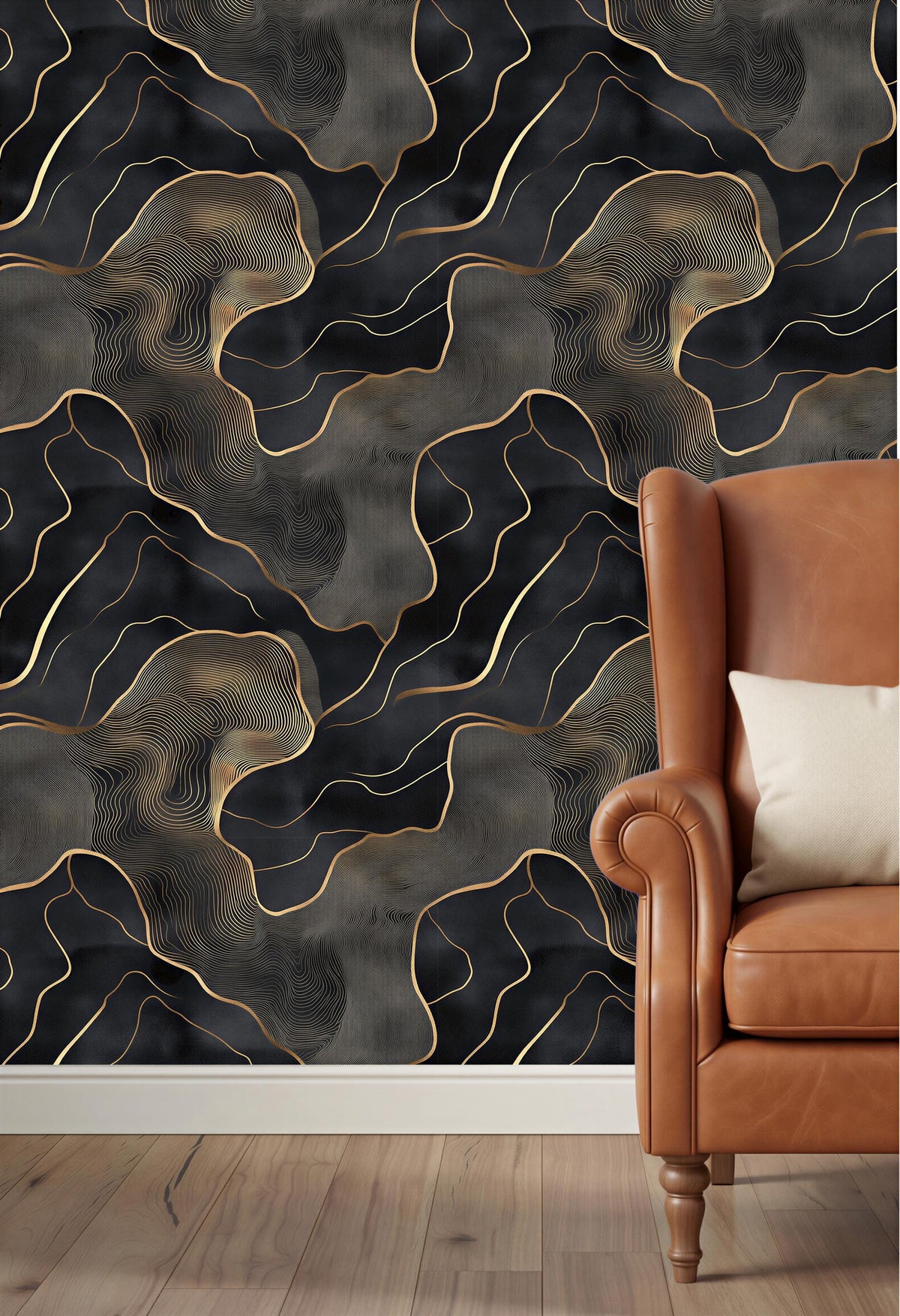 a dark and luxurious wallpaper with a striking gold and black abstract pattern. The wallpaper is displayed on a wall, and a brown leather armchair is positioned next to it, creating a cozy and stylish living space.