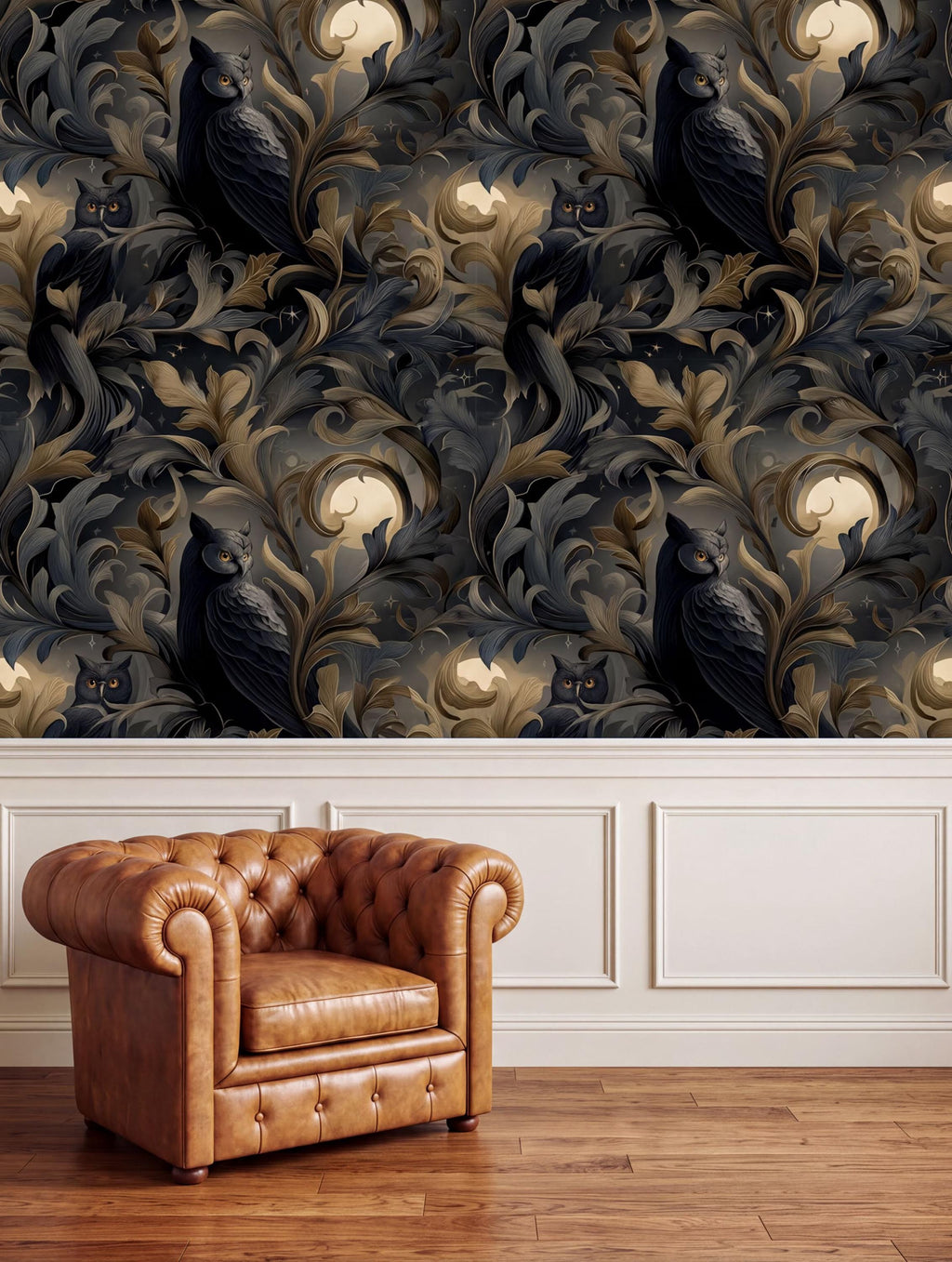 a brown leather armchair positioned in front of a wall with a repeating pattern of owls and moon-like shapes in dark blue and gold colors.