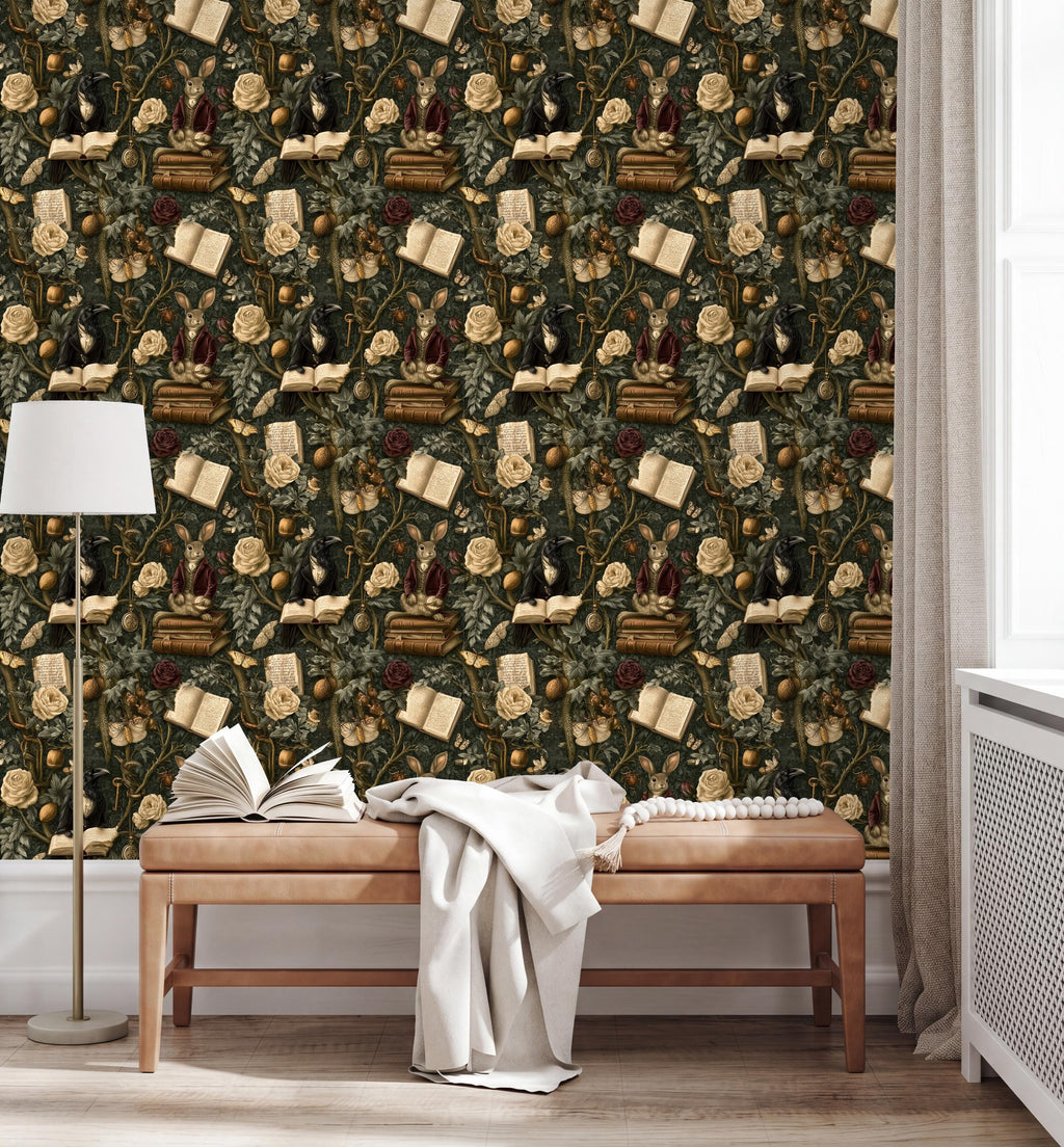 a dark green wallpaper with a repeating pattern of books, flowers, and other decorative elements. In the foreground, there is a wooden bench with an open book on it, and a white lamp is placed next to the bench.