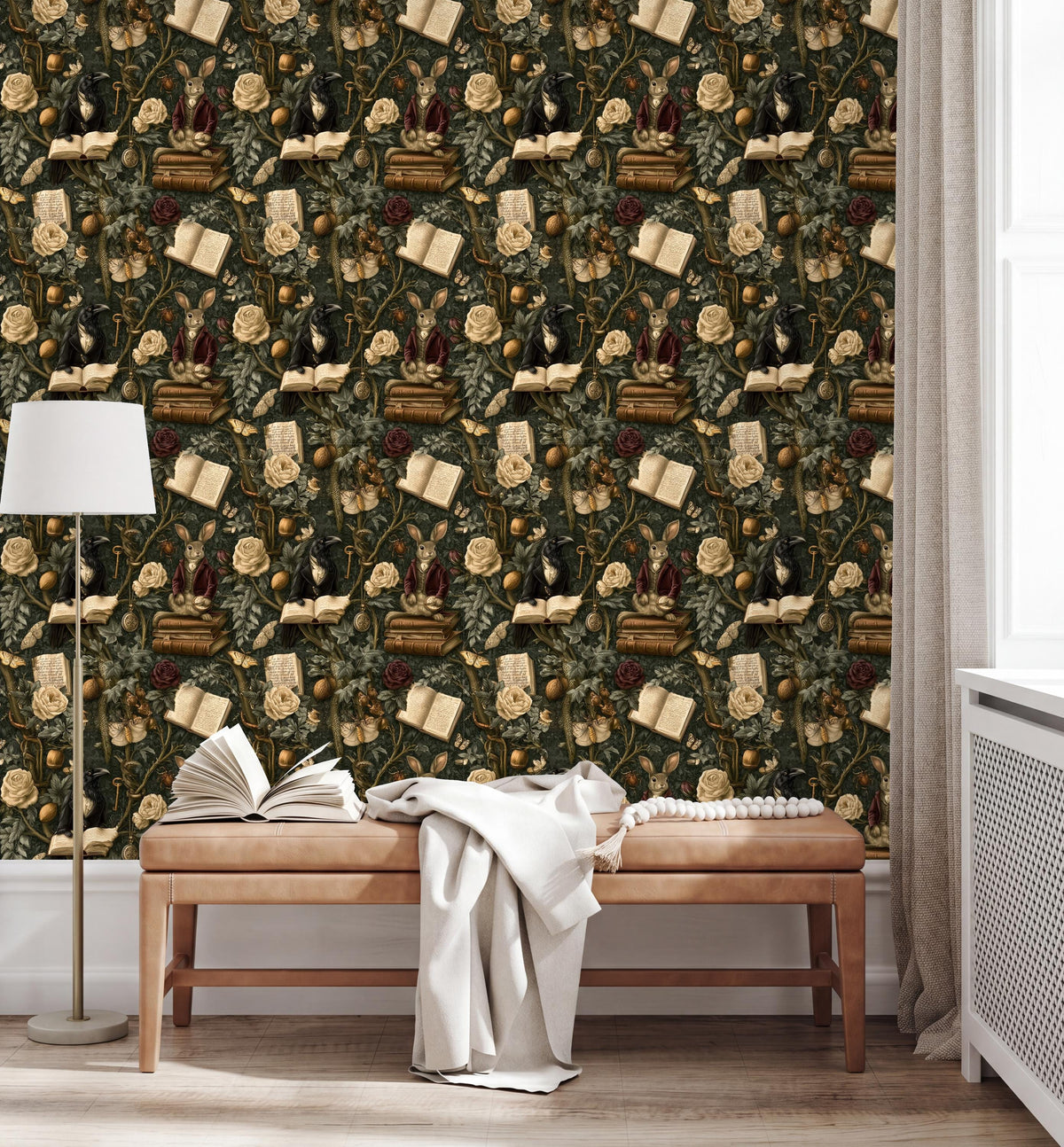 a dark green wallpaper with a repeating pattern of books, flowers, and other decorative elements. In the foreground, there is a wooden bench with an open book on it, and a white lamp is placed next to the bench.