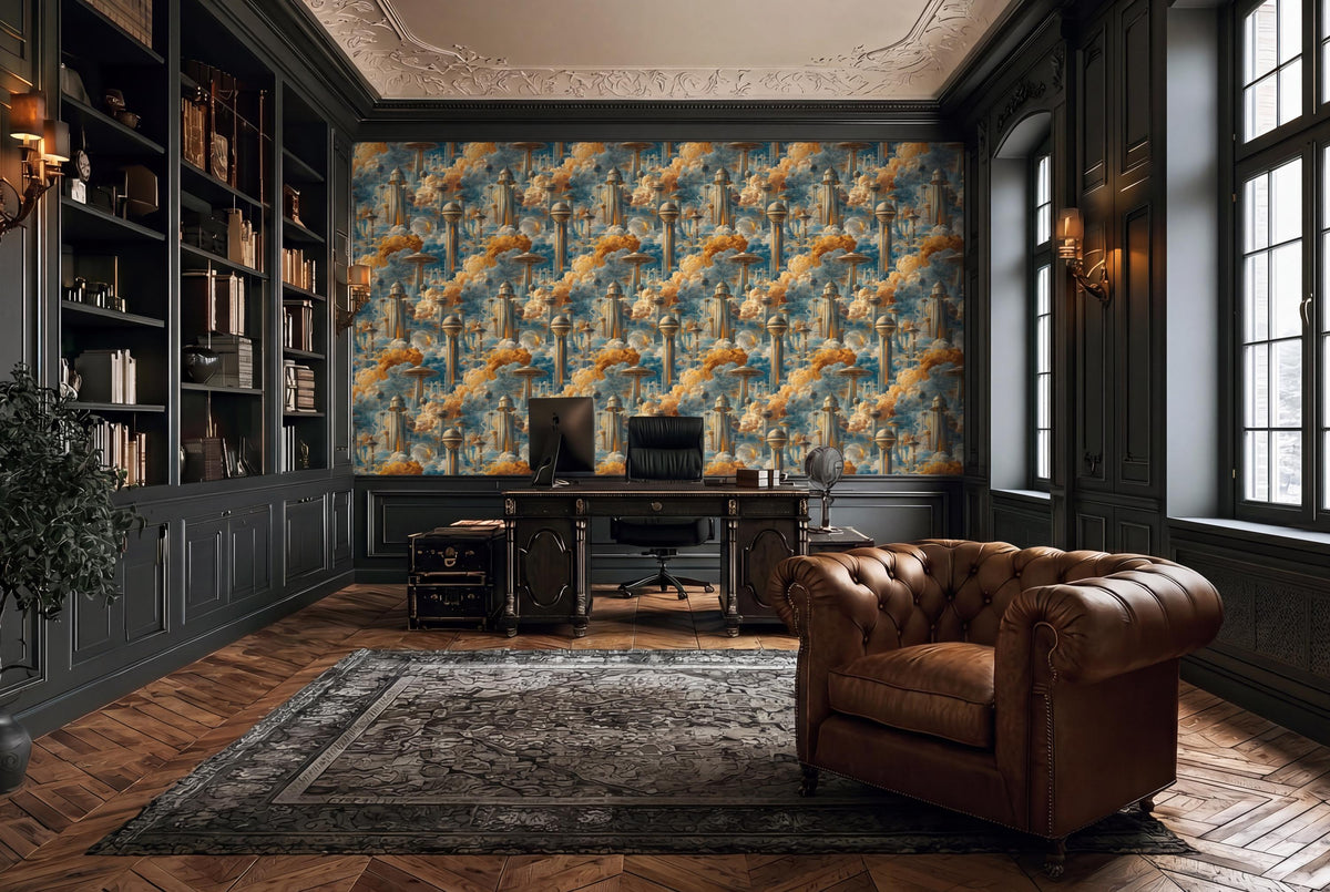 a luxurious and well-appointed home office with a large, colorful wallpaper featuring a cityscape design. The room is furnished with a leather armchair, a wooden desk, and a large bookshelf filled with books. The room has a high ceiling with ornate molding, and the floor is made of wood, adding to the overall elegance and sophistication of the space.