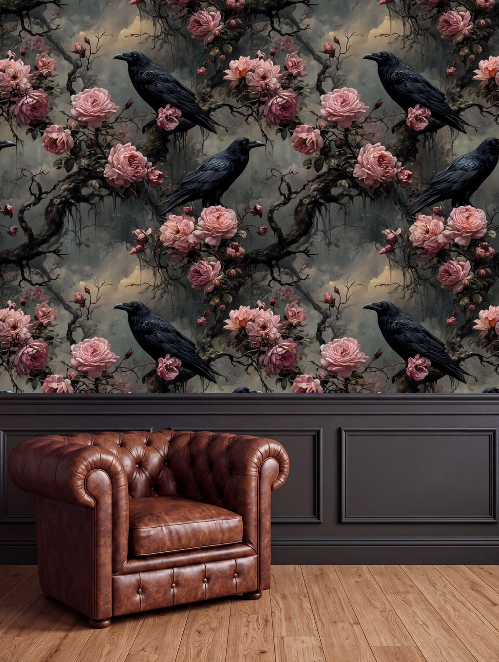 a dark brown leather armchair positioned in front of a wall with a floral wallpaper. The wall displays a repeating pattern of pink flowers and black crows.