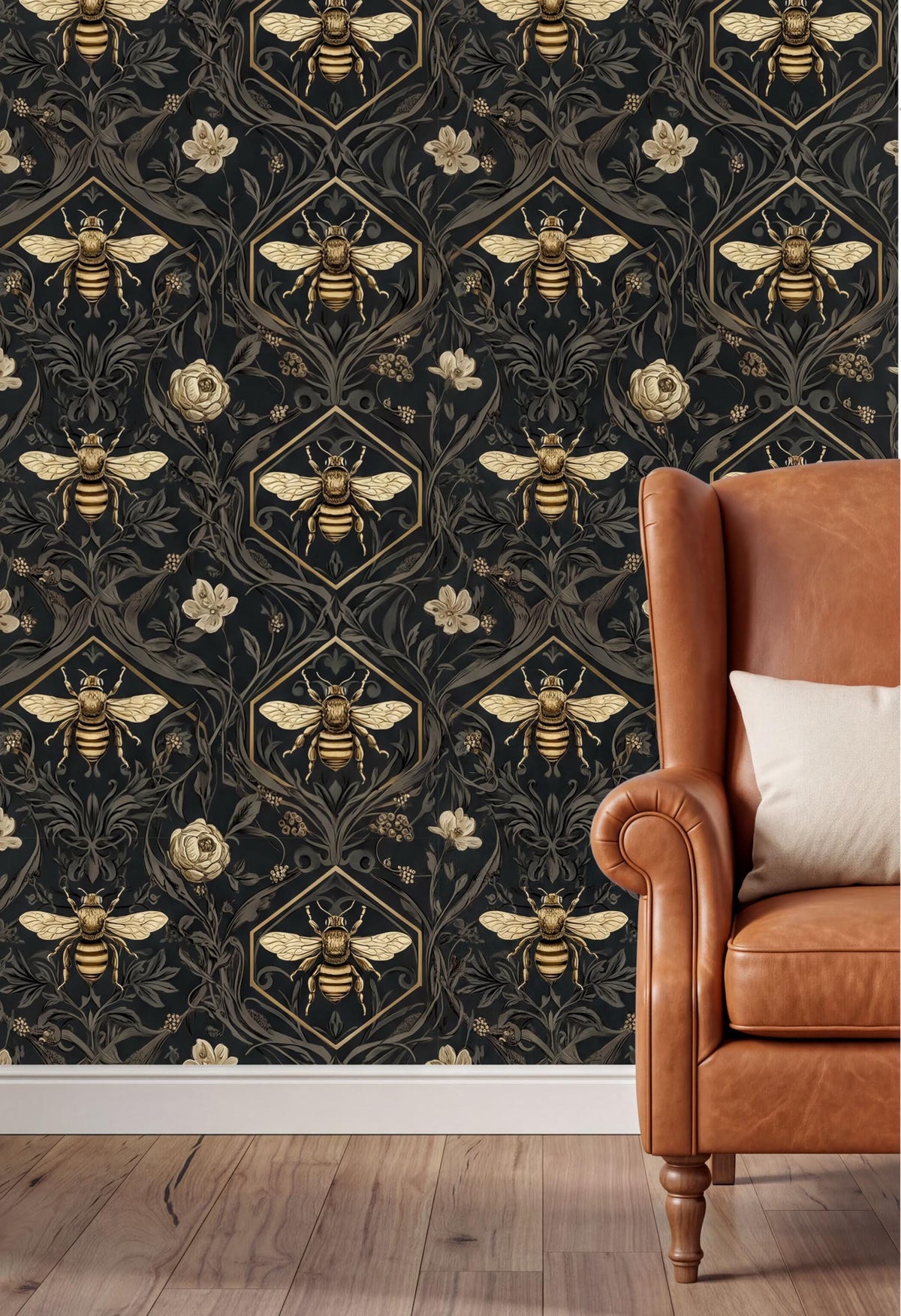 a wallpapered wall with a repeating pattern of bees and flowers in gold and black colors. In the foreground, there is a brown leather armchair with a white pillow on it.