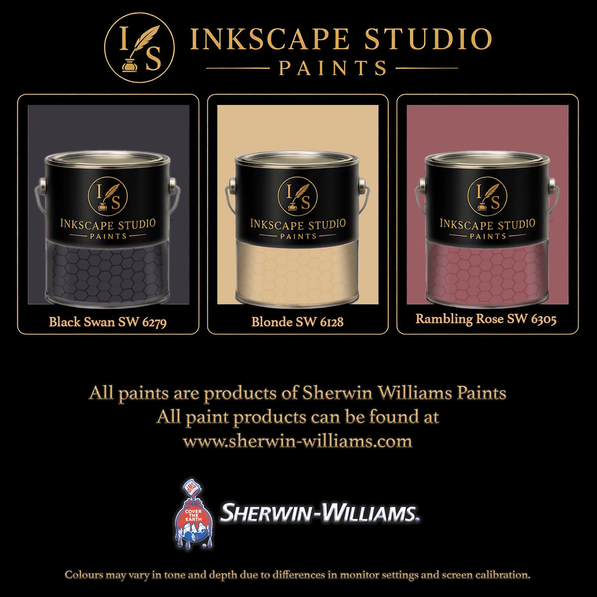 The image is an advertisement for Sherwin Williams paints, featuring three different paint color samples from the Inkscape Studio.
