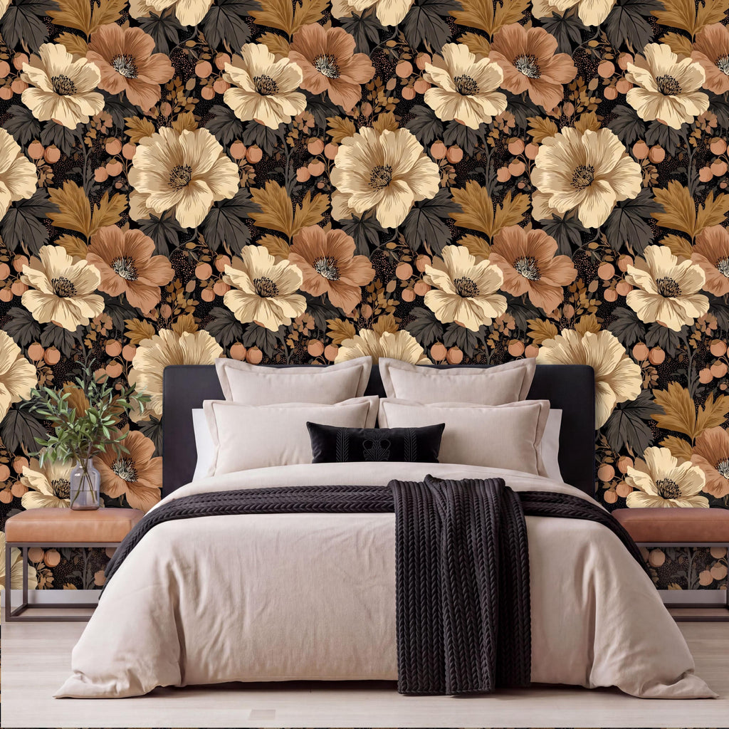 a bedroom with a large floral wallpaper behind the bed. The bed is dressed in a black and white bedspread, and there are two nightstands on either side of the bed.