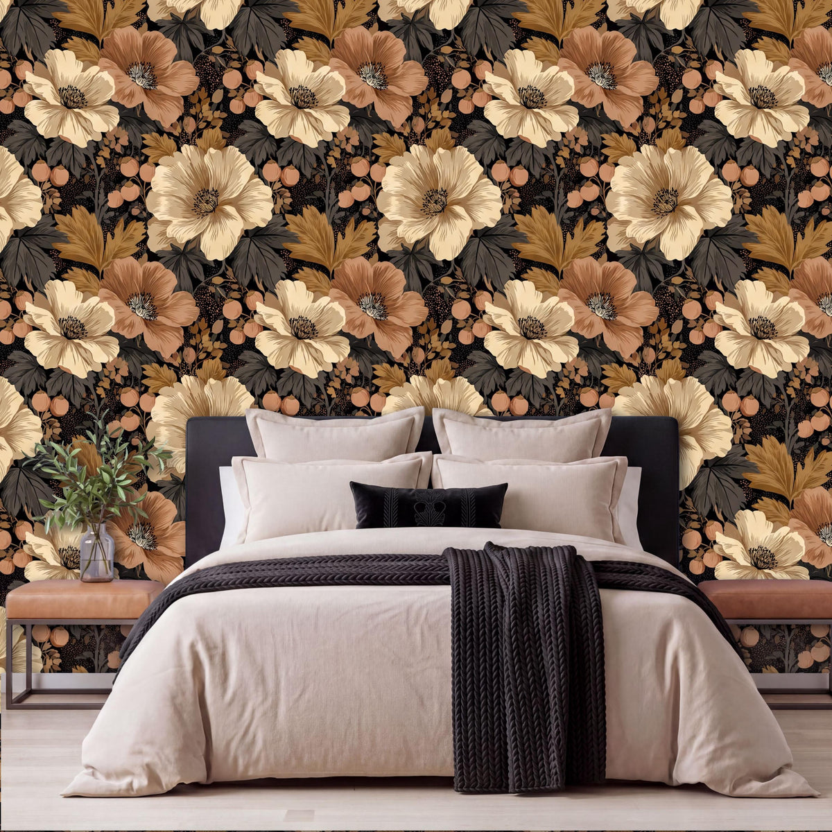 a bedroom with a large floral wallpaper behind the bed. The bed is dressed in a black and white bedspread, and there are two nightstands on either side of the bed.