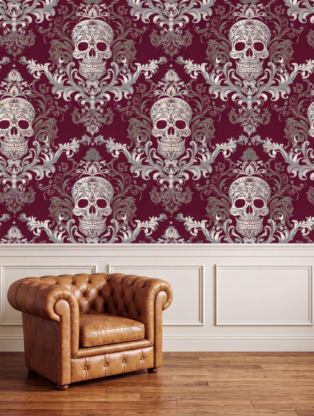 a brown leather armchair positioned in front of a wall with a repeating pattern of skulls and ornate designs in shades of burgundy and gray.