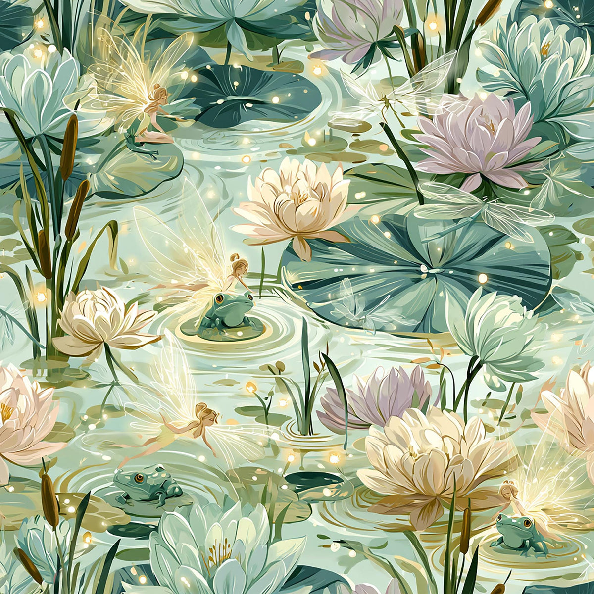 The image is a vibrant and whimsical collage featuring a variety of flowers, including lotus blossoms, lilies, and other aquatic plants, along with fairies and dragonflies. The scene is filled with a sense of magic and wonder, creating a visually captivating and enchanting composition.