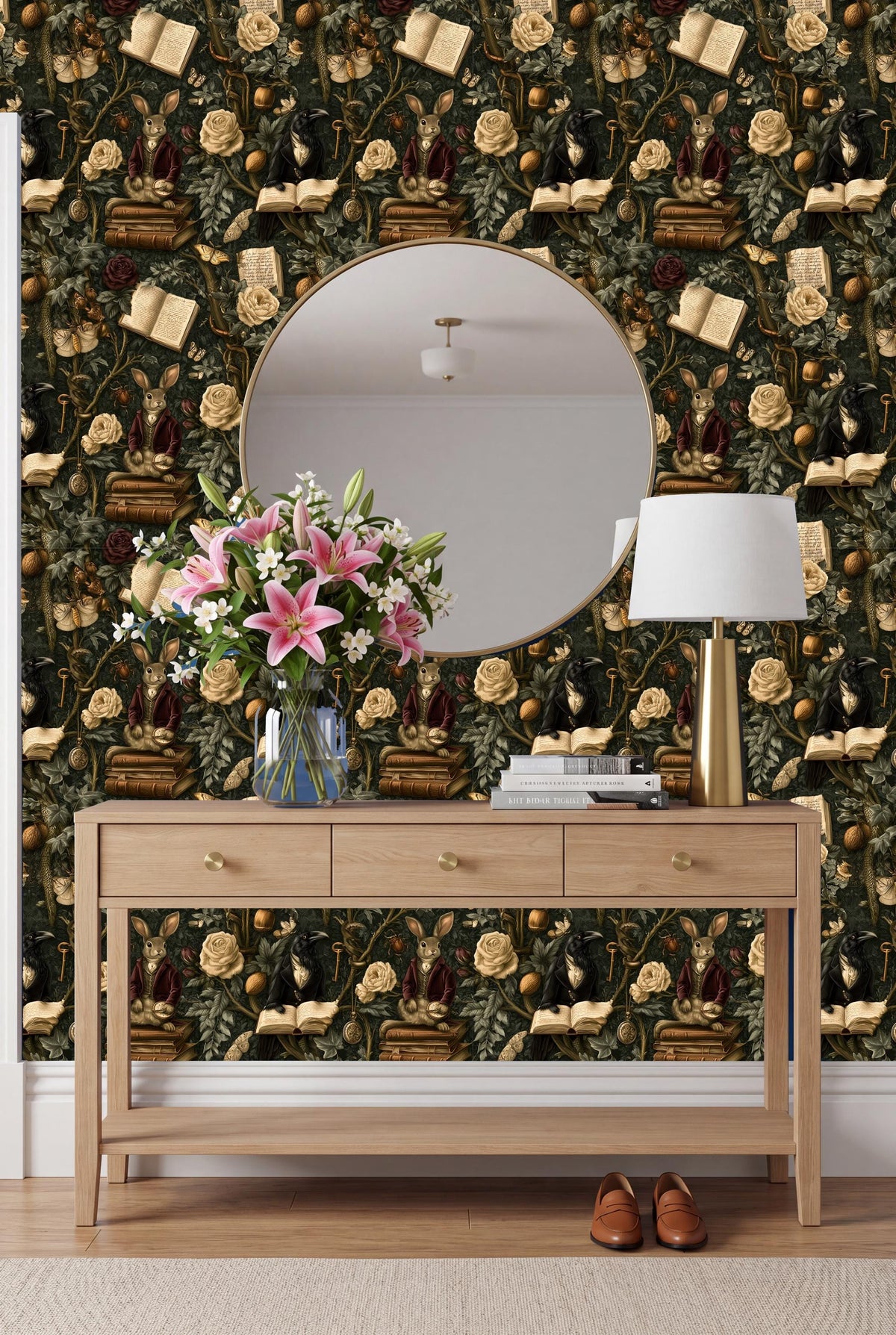 a wooden console table with a round mirror above it, set against a wall with a floral wallpaper. The table has a vase of pink lilies and a lamp on it.