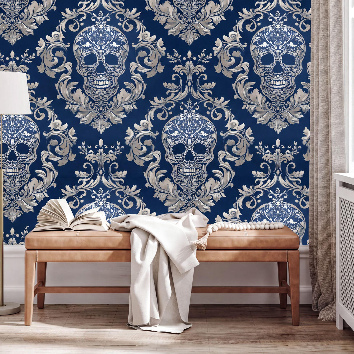 a wooden bench with an open book on it, set against a wall with a blue and white damask pattern with intricate designs and a repeating skull motif.