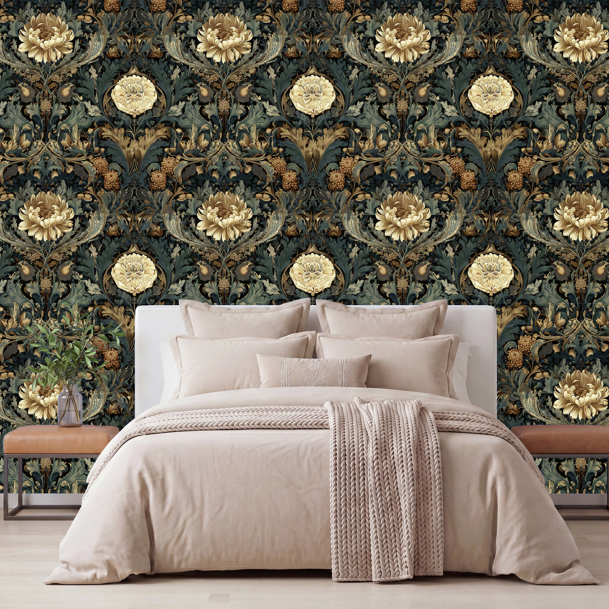 a bedroom with a large bed, a wooden nightstand, and a wallpapered wall with a floral pattern.
