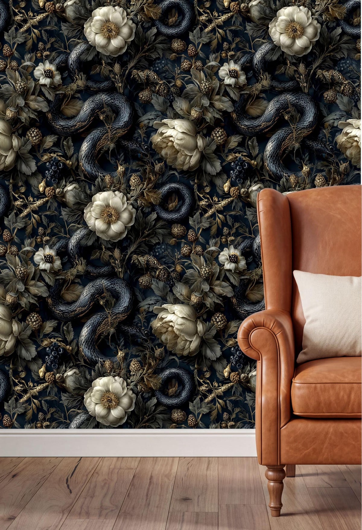 a dark blue wall with a floral pattern, including white and black flowers, green leaves, and a snake. In the foreground, there is a brown leather armchair with a white pillow on it.