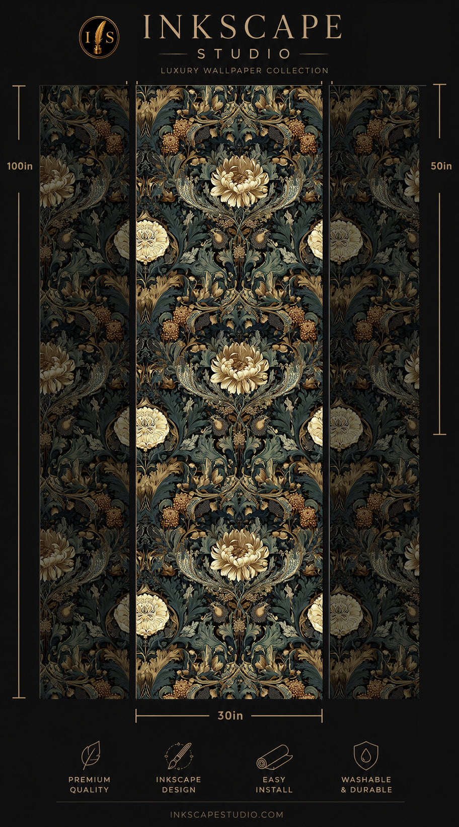The image is a collage of three panels featuring a detailed floral wallpaper pattern in shades of green, gold, and white. The panels are arranged in a vertical format, with the top panel being the largest and the bottom panel being the smallest. The image is labeled as a "LUXURY WALLPAPER COLLECTION" from the "INScape Studio" and includes dimensions and features such as "PREMIUM QUALITY", "EASY TO INSTALL", and "WASHABLE & DURABLE".