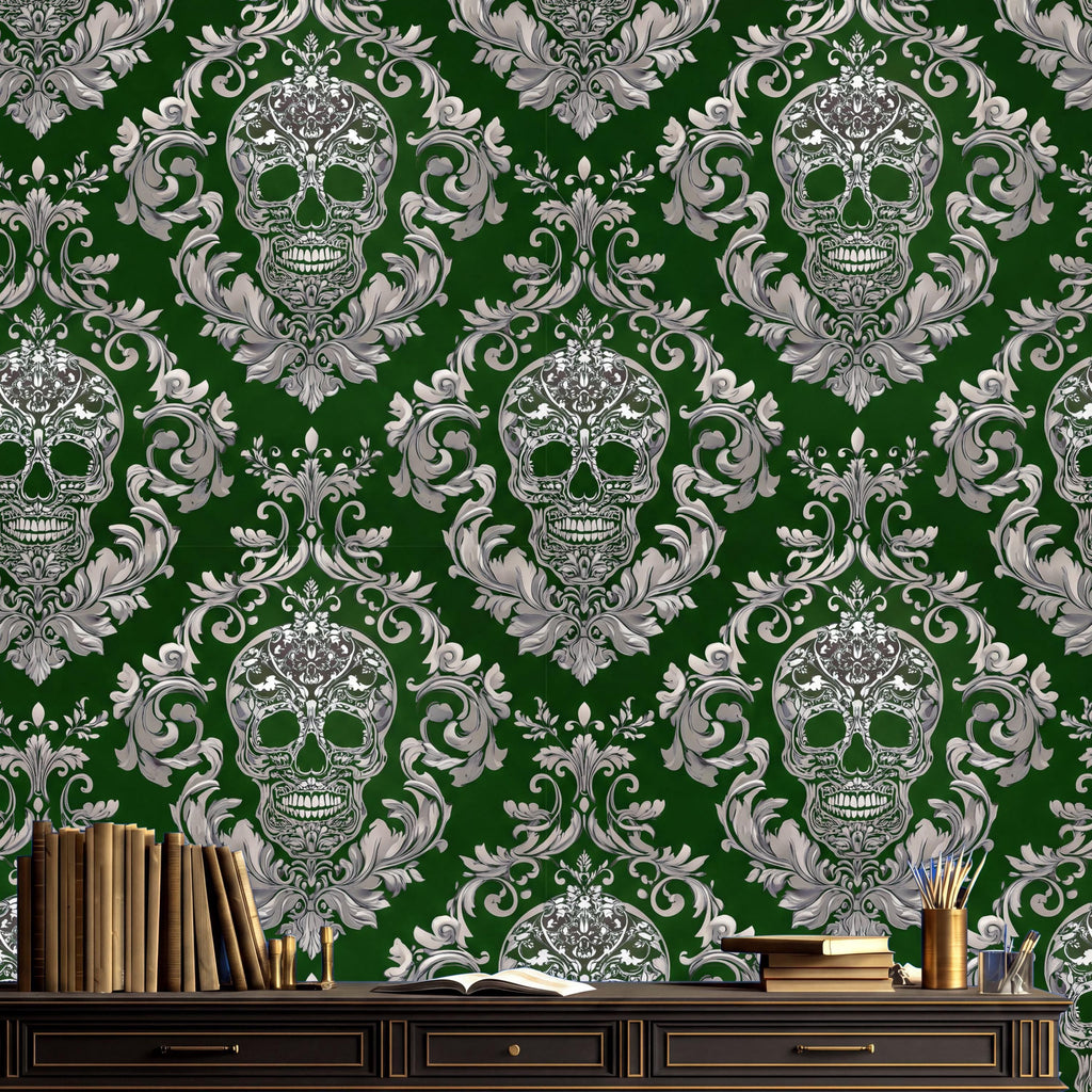a dark wooden desk with a variety of items on it, including several books, a vase, and a cup. The desk is set against a wall with a repeating pattern of white and green skulls, creating a striking and visually appealing backdrop.