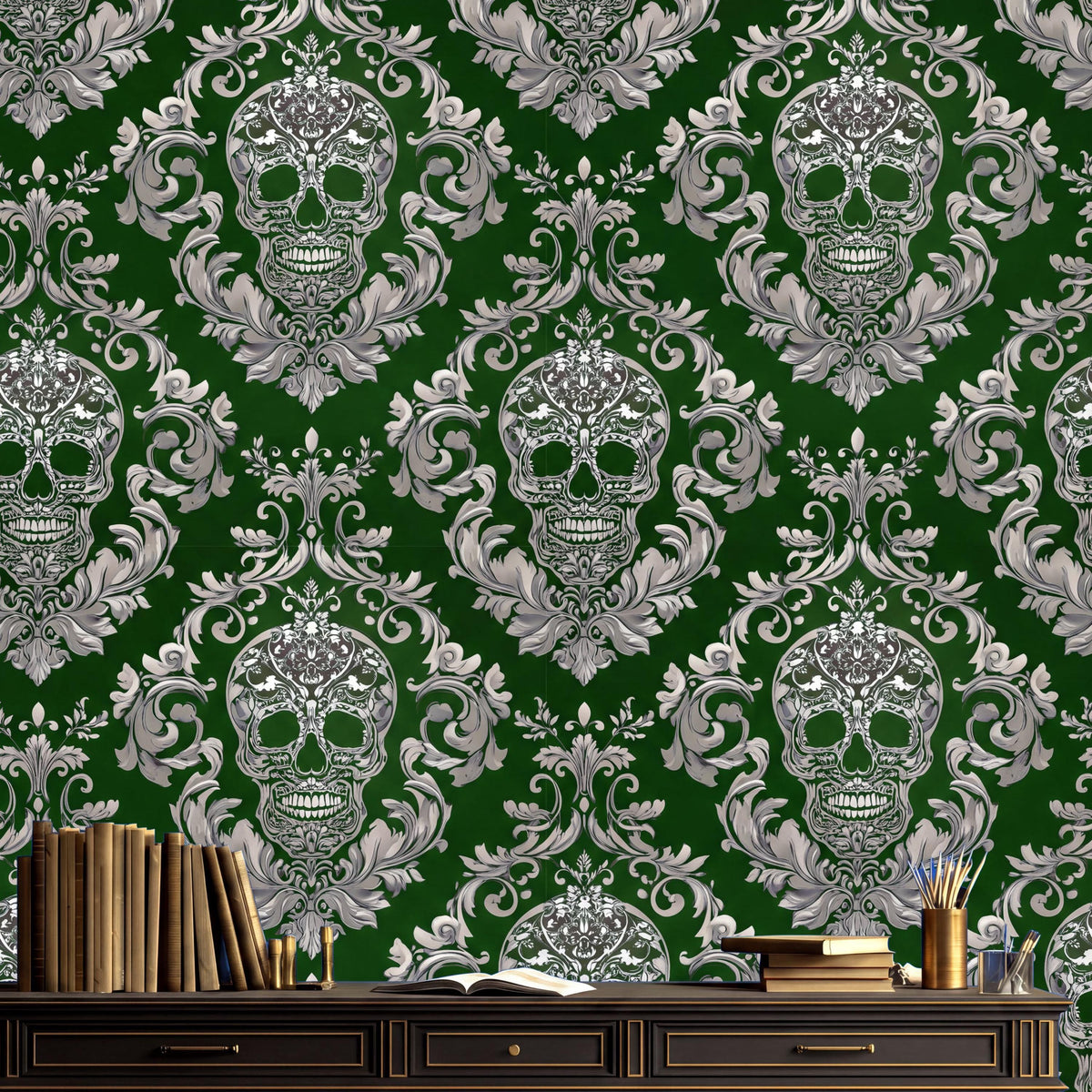 a dark wooden desk with a variety of items on it, including several books, a vase, and a cup. The desk is set against a wall with a repeating pattern of white and green skulls, creating a striking and visually appealing backdrop.