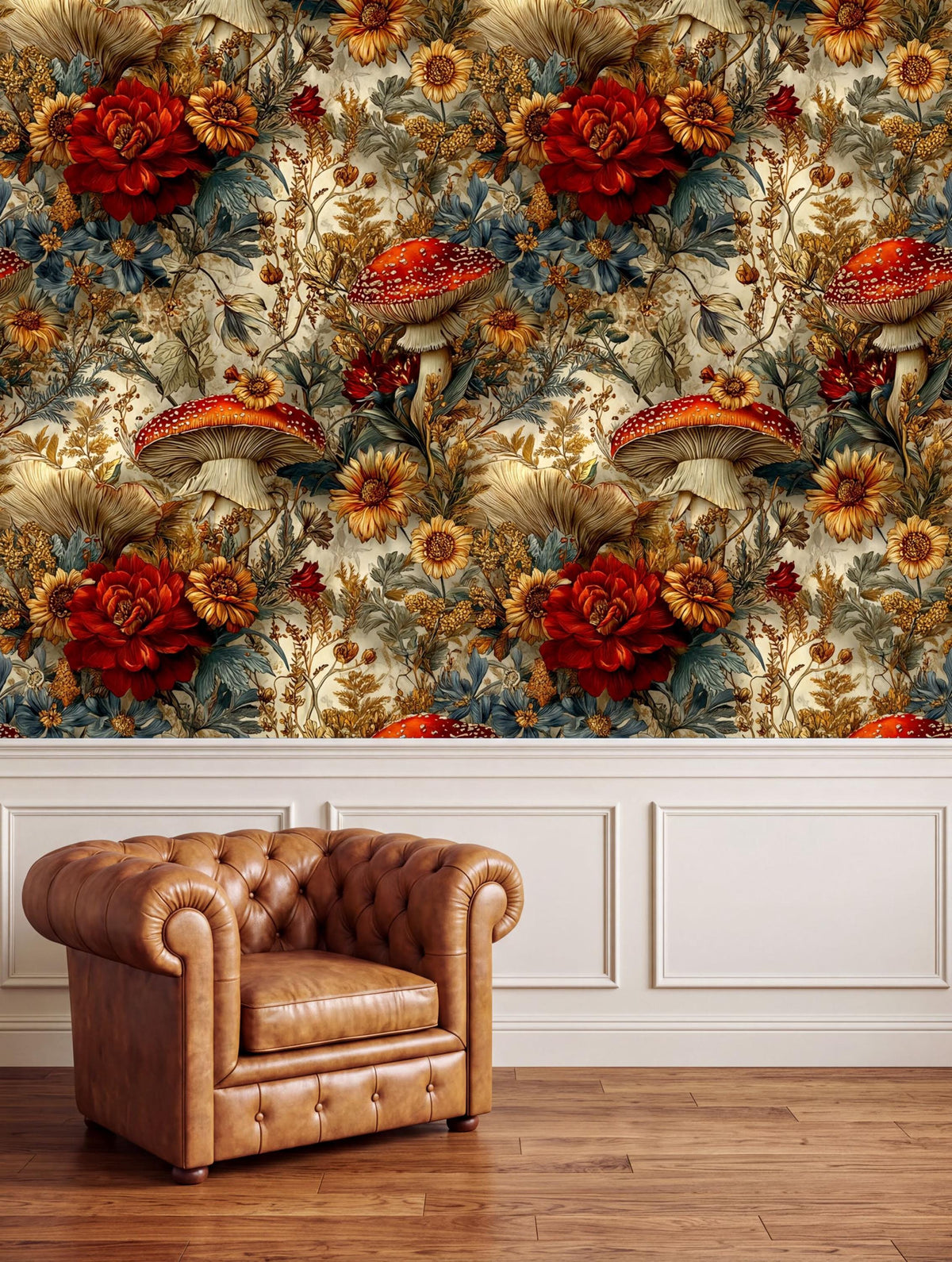 a brown leather armchair positioned in front of a wall with a vibrant floral wallpaper.