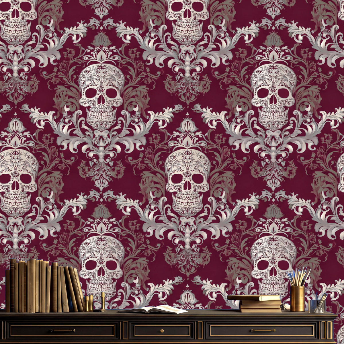 a dark red and white patterned wallpaper with a repeating design of skulls and floral elements. On a wooden dresser in the foreground, there are several books and a vase.