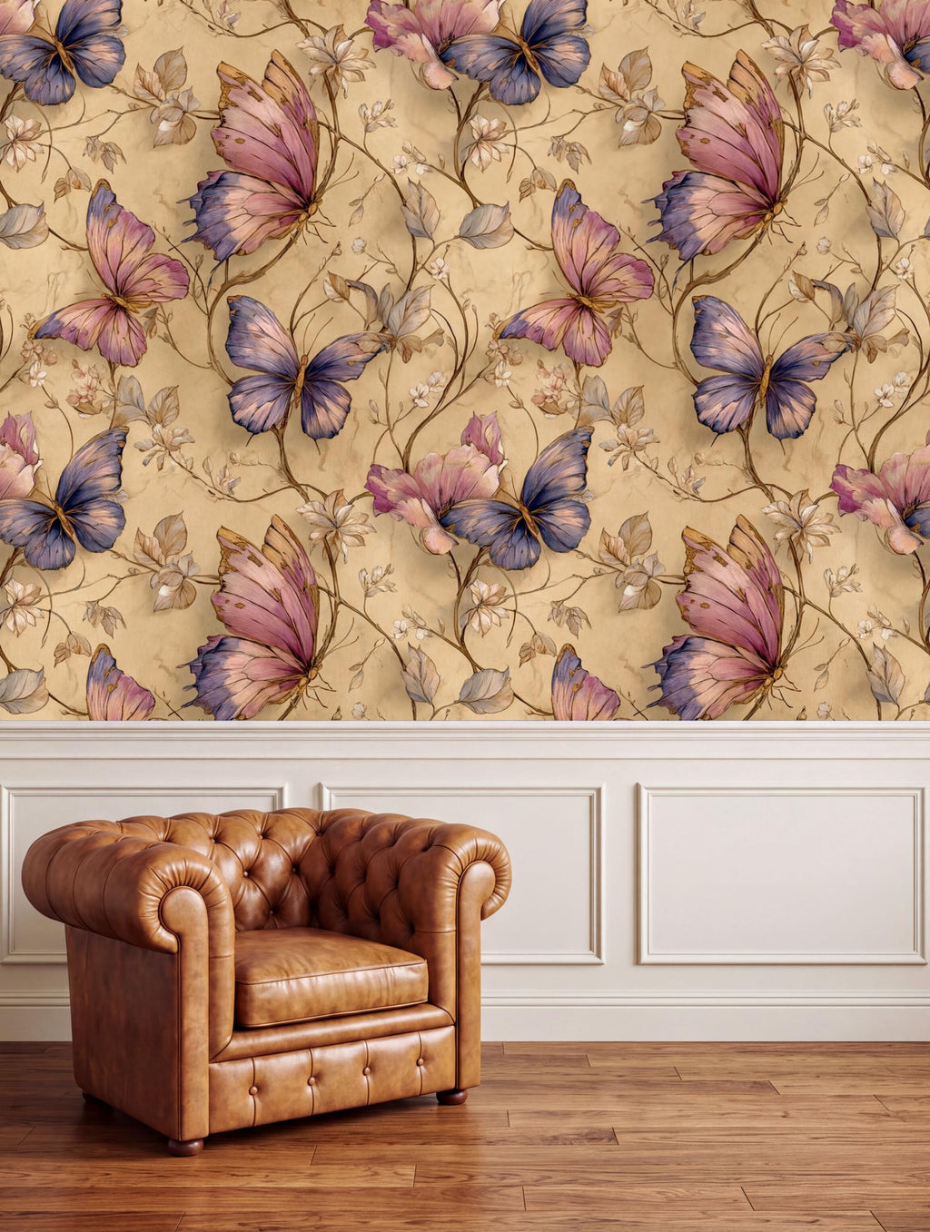 a brown leather armchair positioned in front of a wall with a floral wallpaper pattern of pink and purple butterflies.