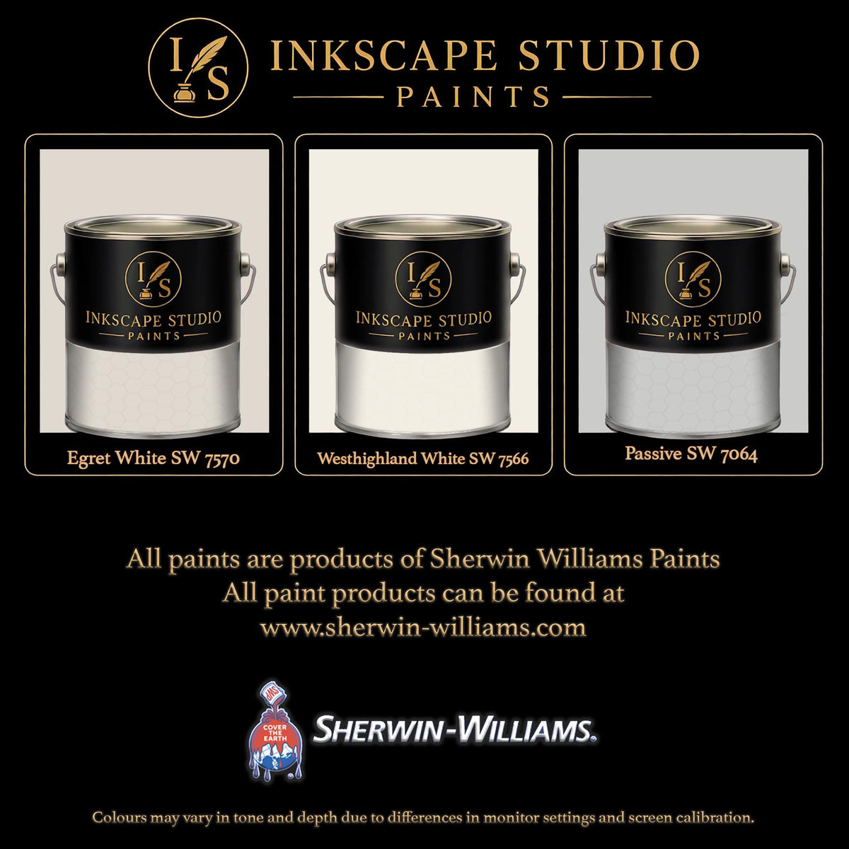 The image is an advertisement for Sherwin Williams paints, featuring three different paint cans with the company's logo.