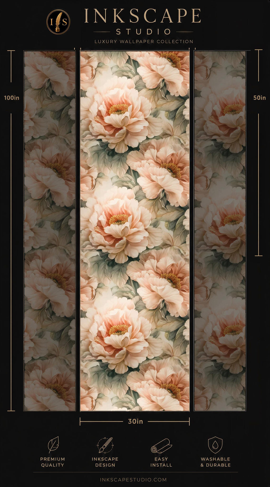 The image is a collage of three images featuring a floral pattern with peach-colored flowers. The collage is titled "INKSCAPE STUDIO" and includes a "LUXURY WALLPAPER COLLECTION" description. The images are labeled with dimensions, and there are icons indicating the "PREMIUM QUALITY" and "EASY INSTALL" features of the wallpaper.