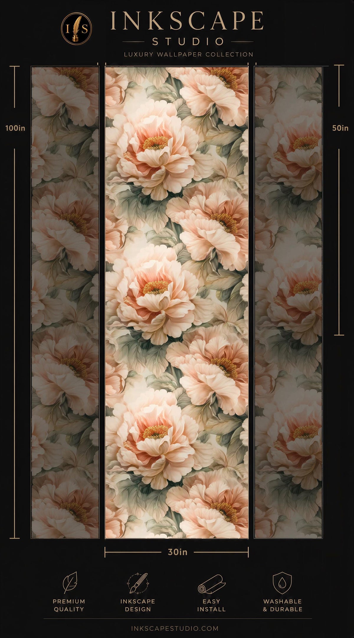 The image is a collage of three images featuring a floral pattern with peach-colored flowers. The collage is titled "INKSCAPE STUDIO" and includes a "LUXURY WALLPAPER COLLECTION" description. The images are labeled with dimensions, and there are icons indicating the "PREMIUM QUALITY" and "EASY INSTALL" features of the wallpaper.