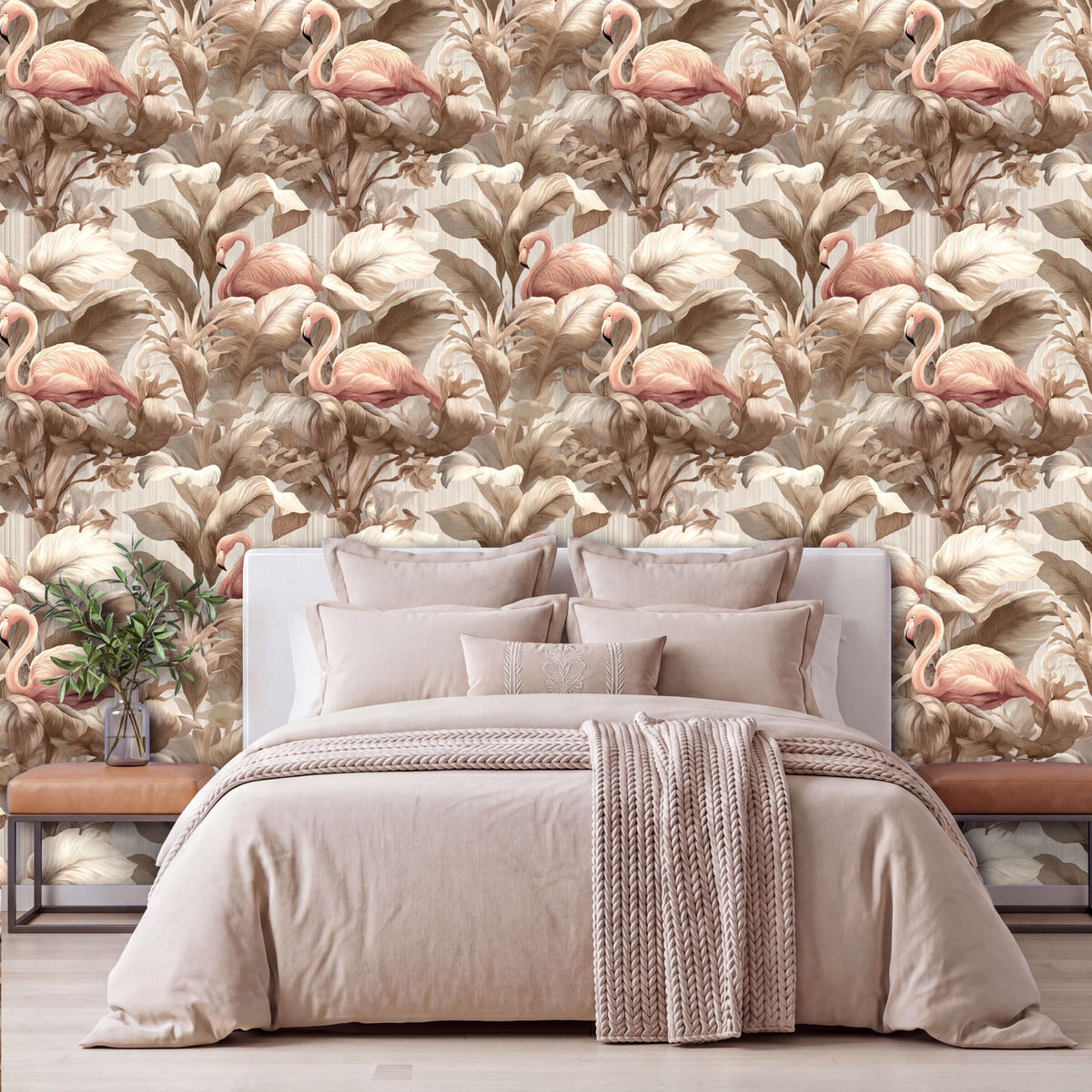a bedroom with a large bed, a wooden nightstand, and a wallpapered wall with a repeating pattern of pink flamingos and leaves.