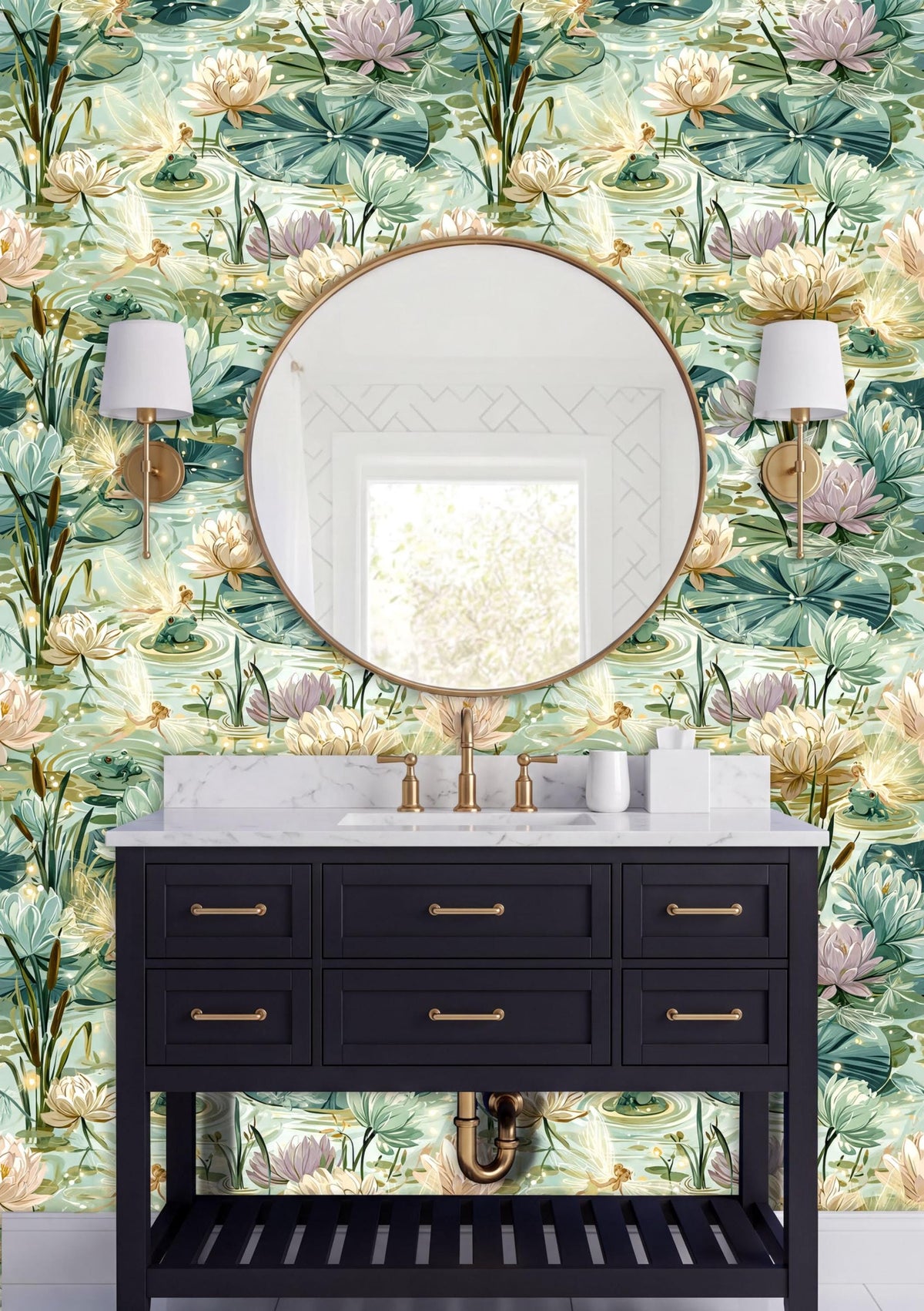 a bathroom with a black vanity and a round mirror above it. The wall behind the vanity has a vibrant, colorful wallpaper with a lotus flower pattern. There are two white lamps on either side of the mirror, and the overall color scheme is a mix of green, yellow, and white.