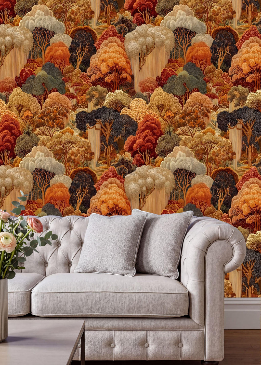 a large, colorful wallpaper with a repeating pattern of trees and foliage in various shades of orange, yellow, and green. The wallpaper covers the entire wall behind a white tufted sofa with two matching gray pillows.