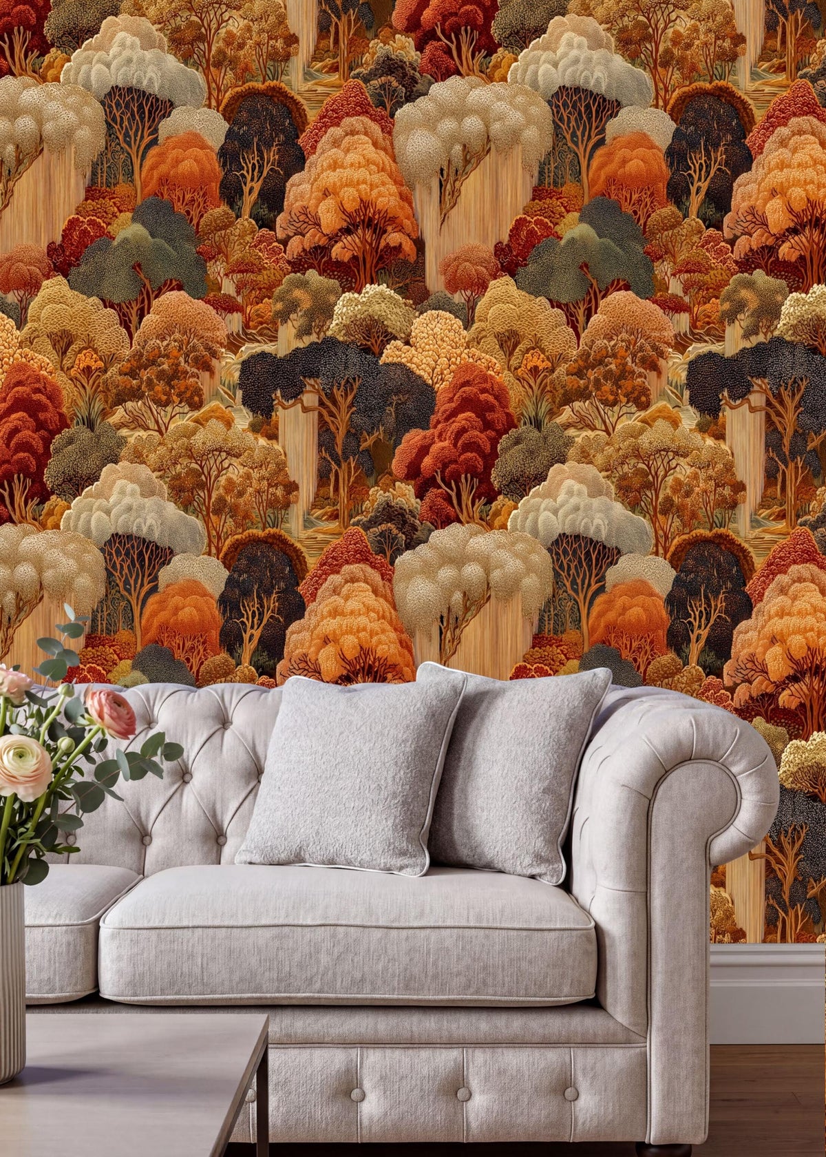 a large, colorful wallpaper with a repeating pattern of trees and foliage in various shades of orange, yellow, and green. The wallpaper covers the entire wall behind a white tufted sofa with two matching gray pillows.