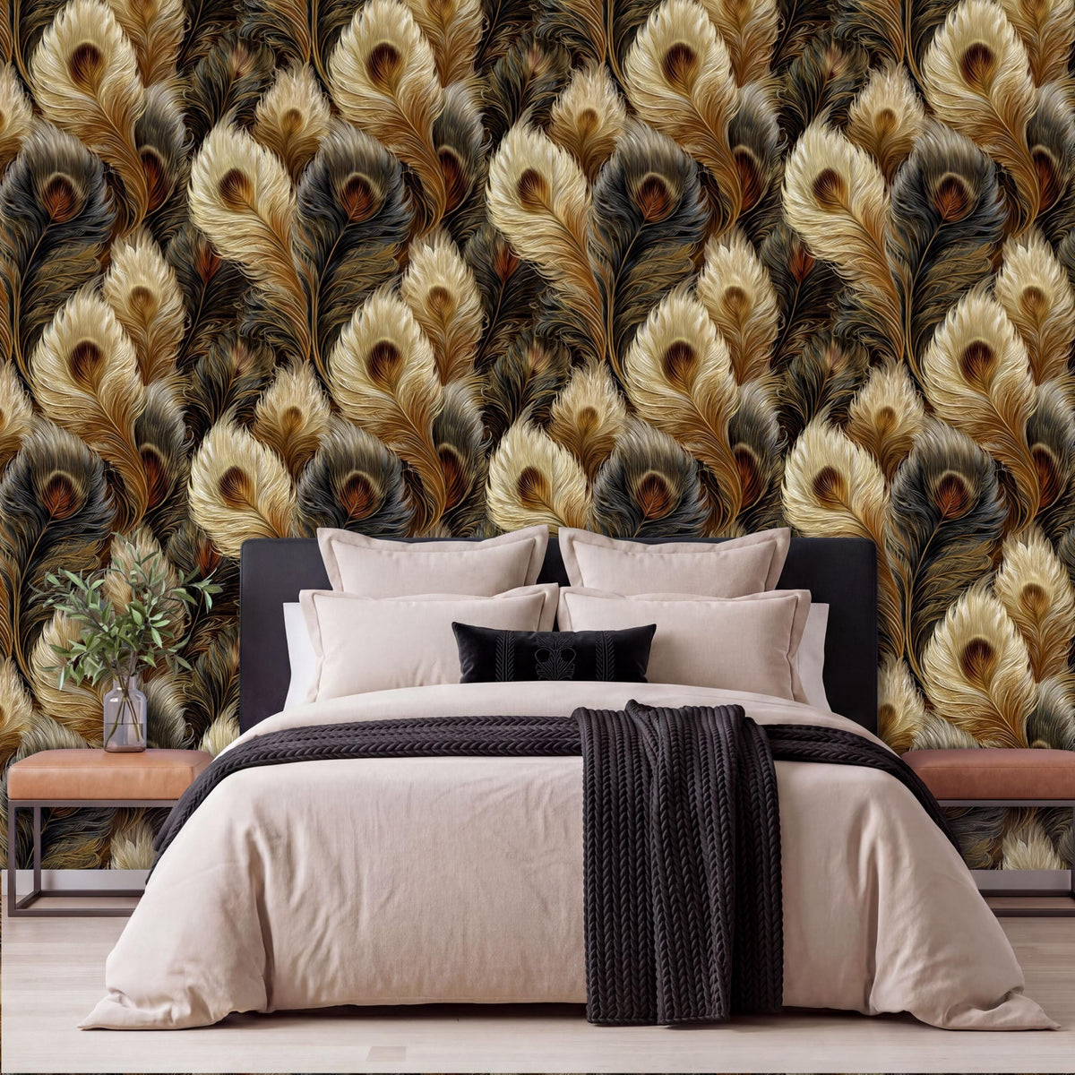 a bedroom with a large bed, a black and white color scheme, and a wallpapered wall with a repeating pattern of peacock feathers in various shades of brown, black, and gold.