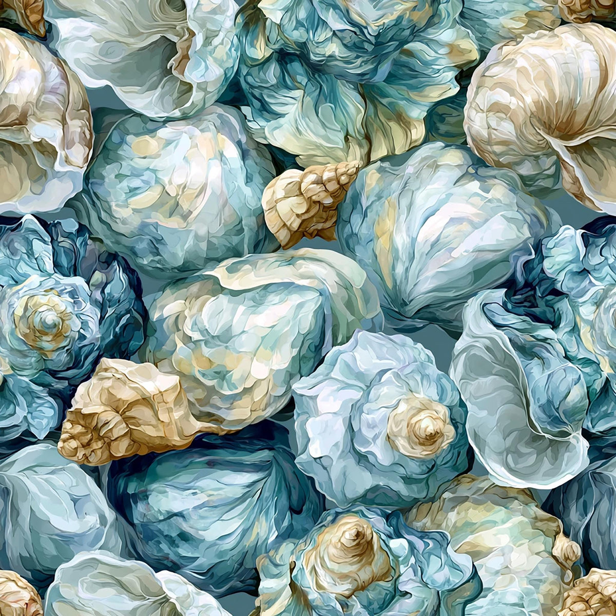 The image is a vibrant and colorful collage of various seashells in shades of blue, white, and beige, arranged in a repeating pattern.