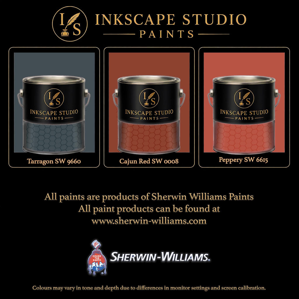 The image is an advertisement for Sherwin Williams paints, featuring three different paint color samples from the Inkscape Studio.
