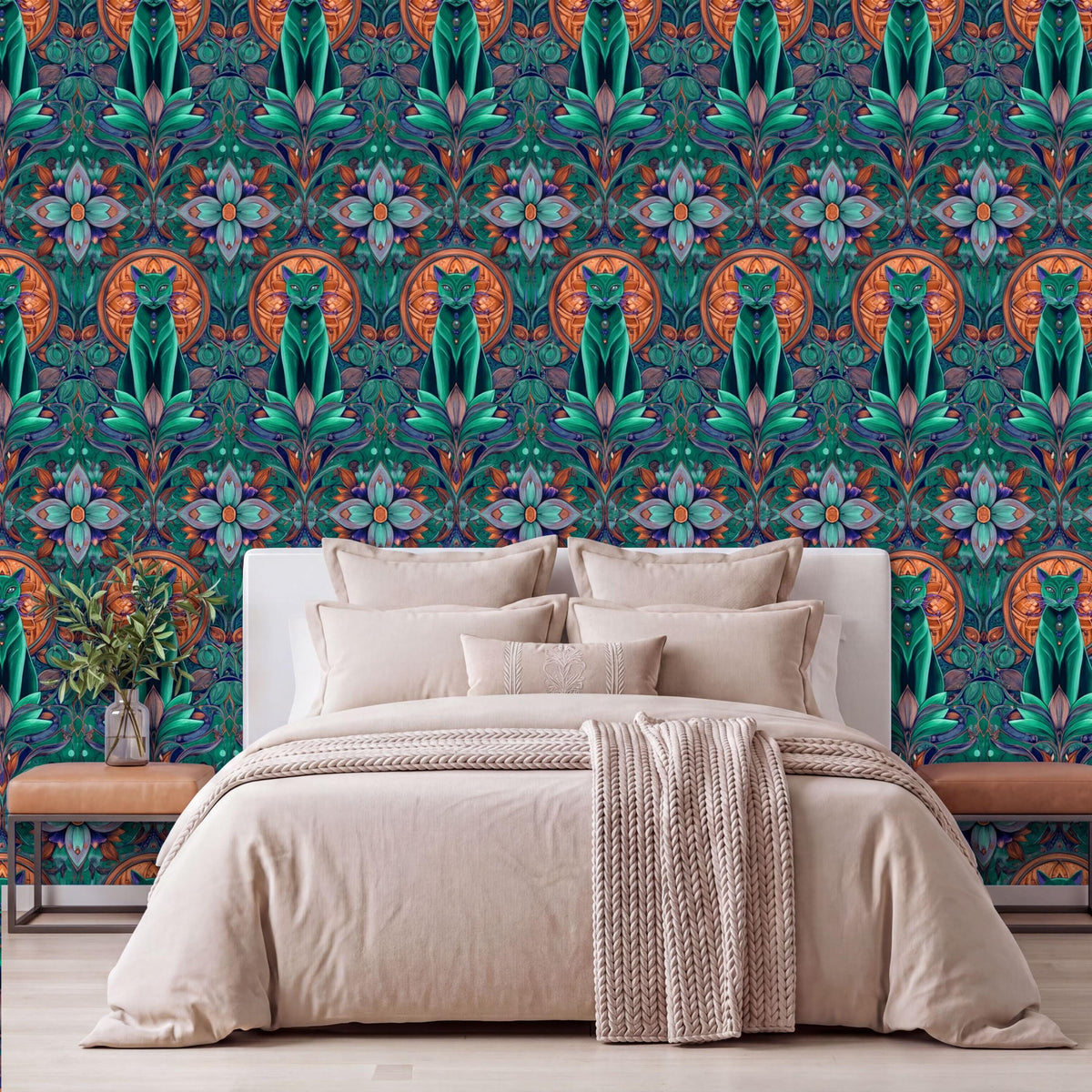a bedroom with a large bed, a wooden nightstand, and a patterned wallpaper with a repeating design of cats and flowers in shades of green, blue, and orange.