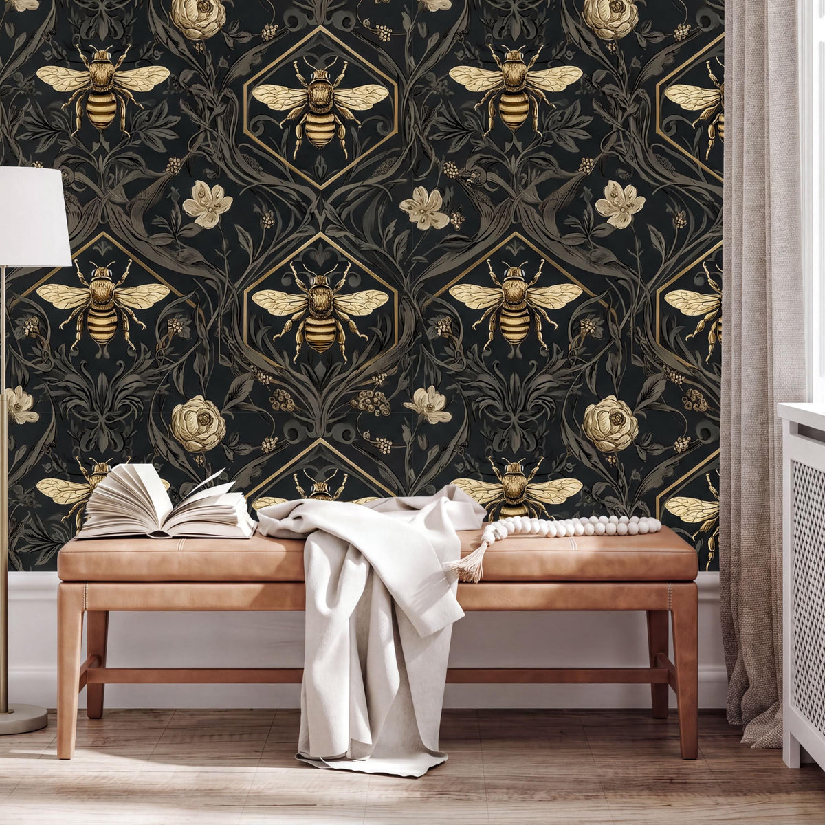 a dark, ornate wallpaper with a repeating pattern of bees and flowers in gold and black. In the foreground, there is a wooden bench with a white blanket draped over it, and a lamp is visible on the left side of the image.