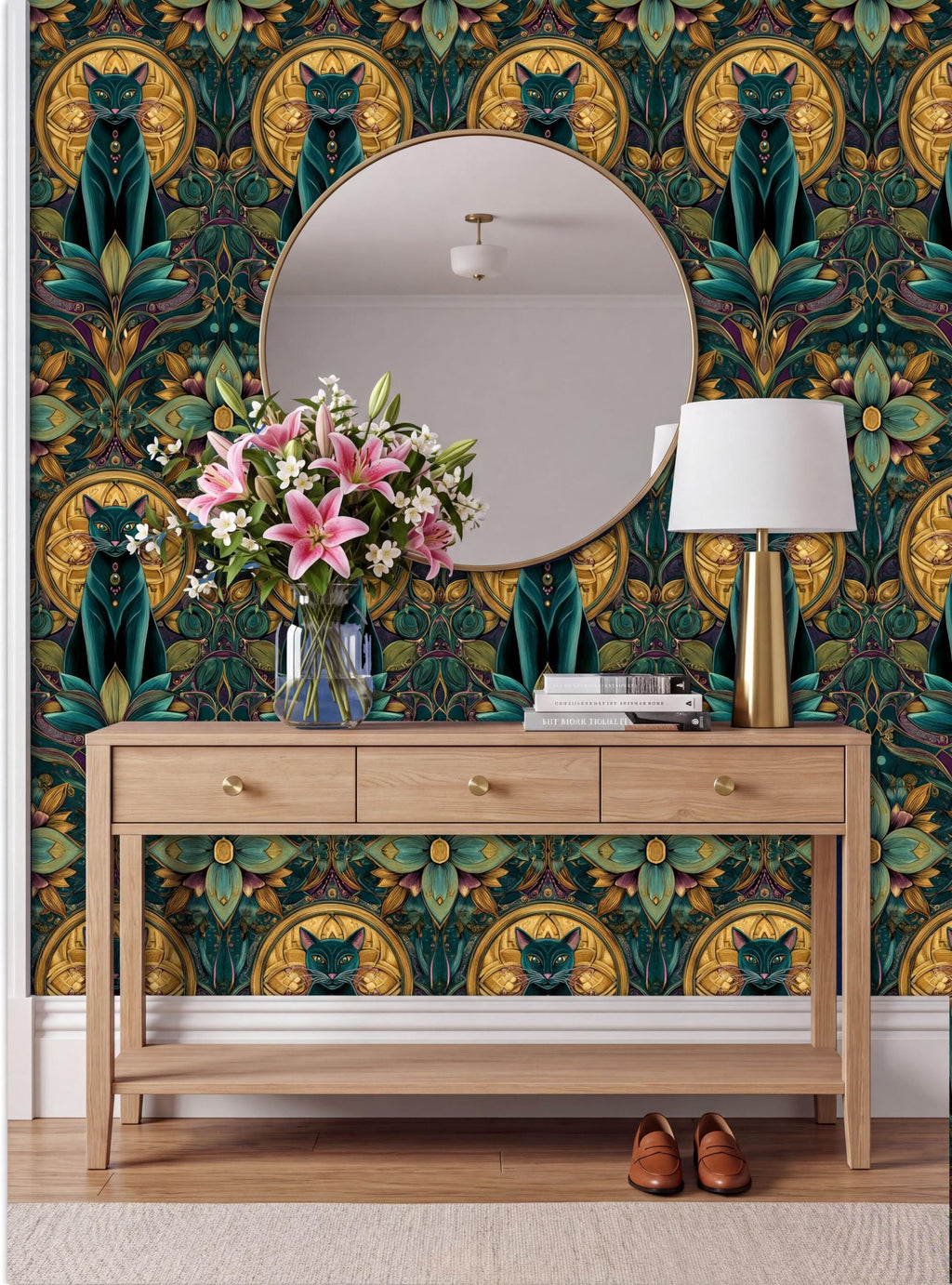 a wooden console table with a vase of pink flowers, a round mirror, and a lamp, set against a vibrant, patterned wallpaper with a cat design.