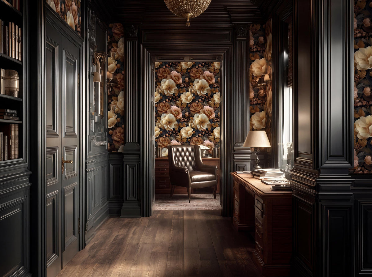 a luxurious and ornate hallway with dark wood paneling, floral wallpaper, and a chandelier hanging from the ceiling. The hallway features a desk with a lamp, a chair, and a bookshelf filled with books.