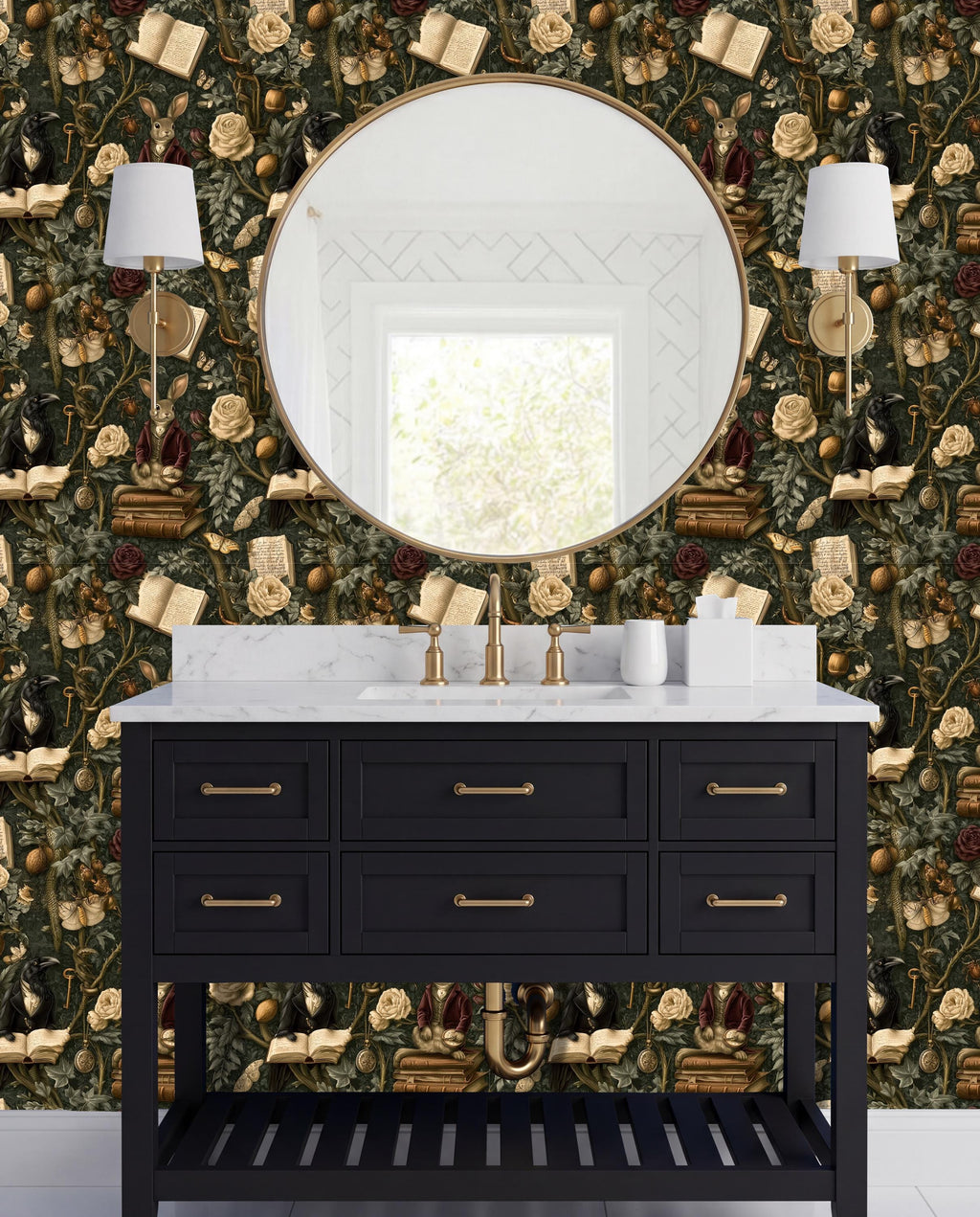 a bathroom vanity with a black countertop and drawers, set against a wall with a large round mirror and two wall sconces. The wall behind the vanity is covered in a floral wallpaper with various objects such as books, flowers, and other decorative elements.