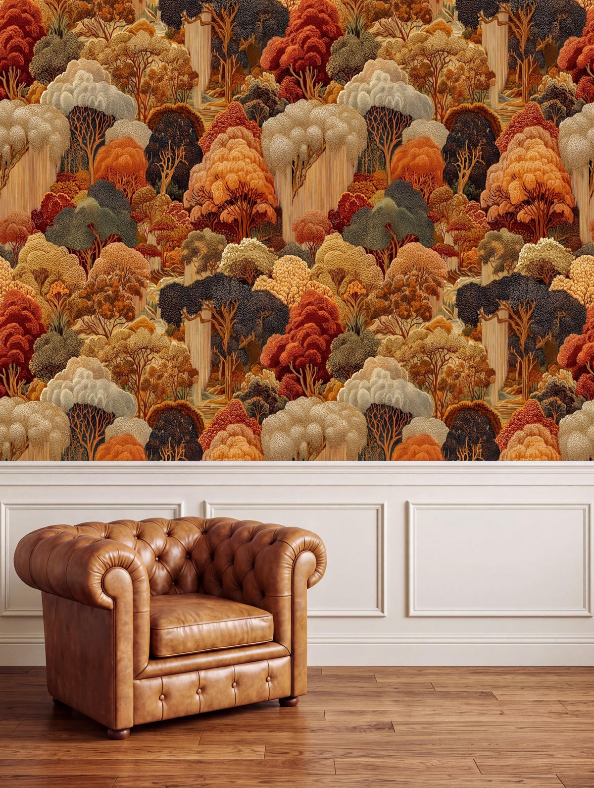 a large, colorful mural depicting a forest scene with various shades of orange, red, and green trees. In the foreground, there is a brown leather armchair, and the wall behind it has a white panel design.