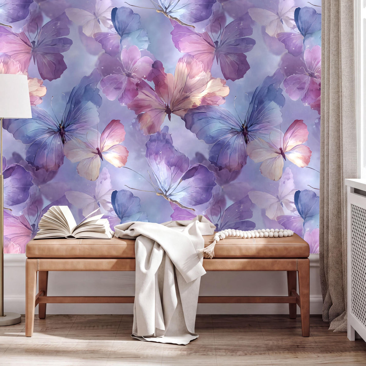 a vibrant and colorful butterfly mural on the wall behind a wooden bench. The mural is a captivating display of purple and pink butterflies, creating a visually stunning backdrop for the seating area.
