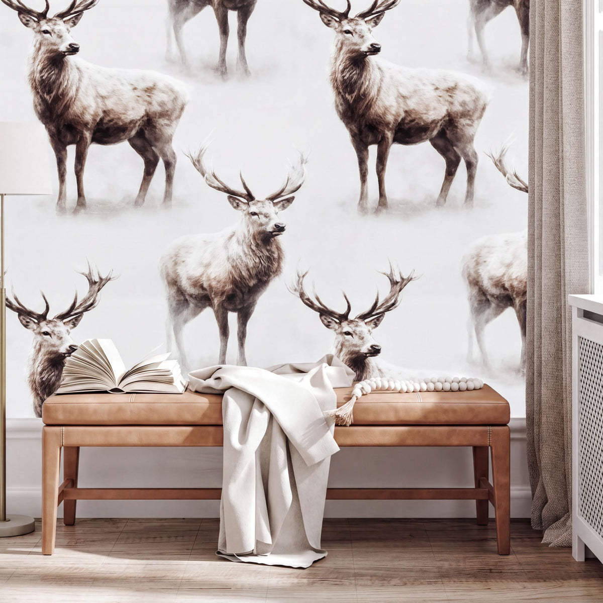 a wallpapered wall with a repeating pattern of deer silhouettes, including a deer standing upright and one lying down. In front of the wall, there is a wooden bench with an open book on it.