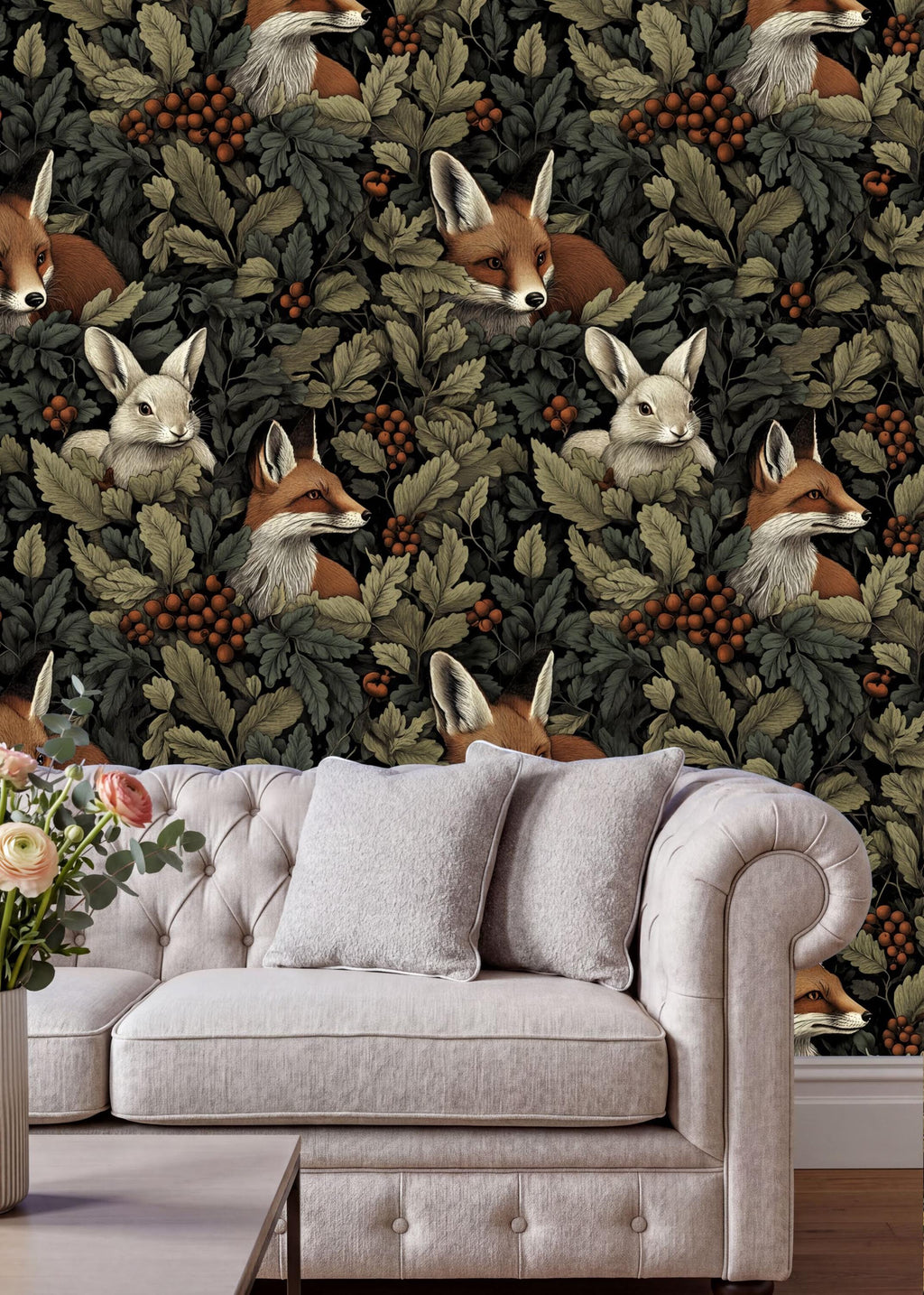 a cozy living room with a white tufted sofa and a coffee table. The sofa is positioned against a wall with a vibrant wallpaper depicting a forest scene with foxes and rabbits. The wall is adorned with green leaves and red berries, creating a lush and natural atmosphere.
