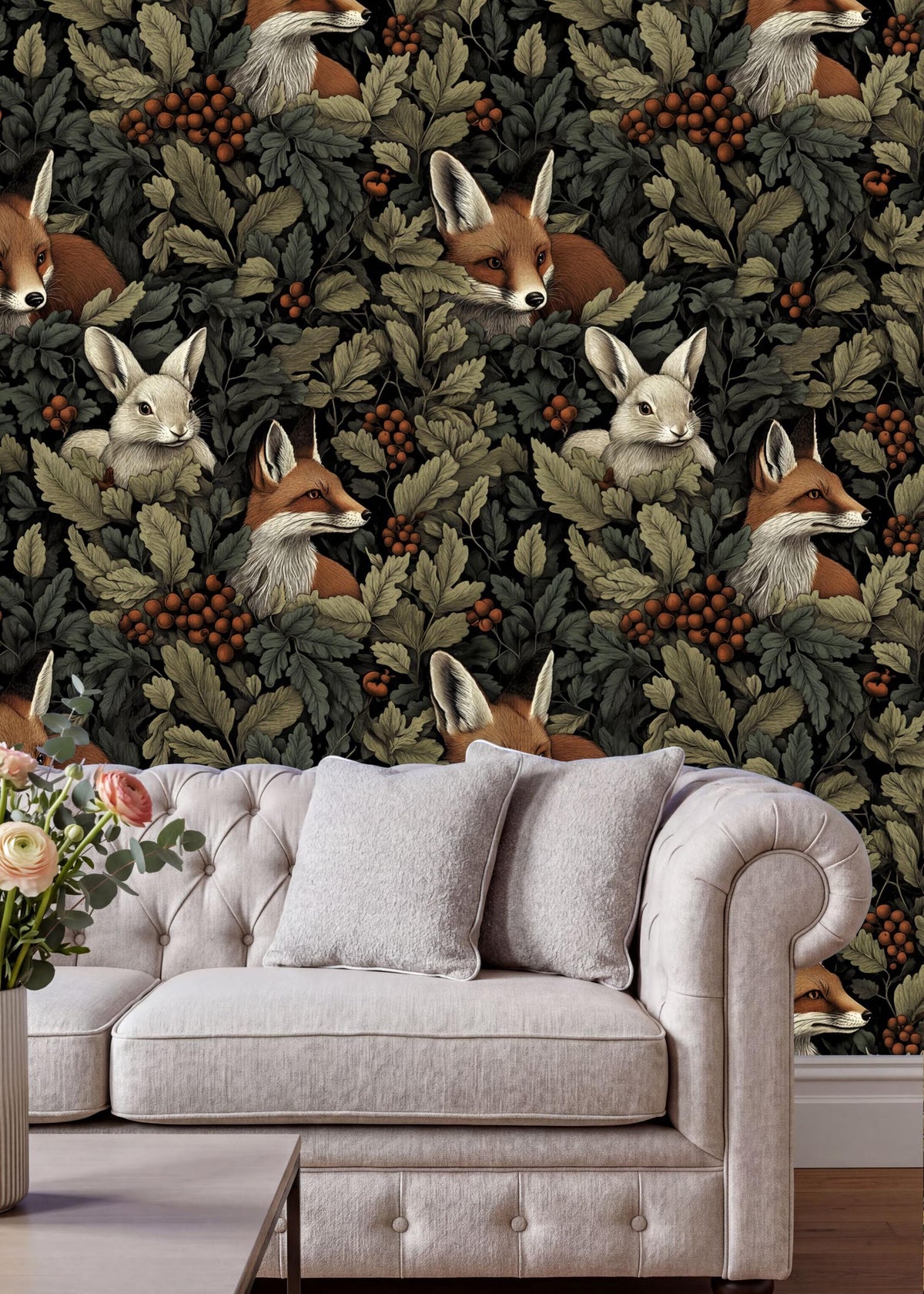 a cozy living room with a white tufted sofa and a coffee table. The sofa is positioned against a wall with a vibrant wallpaper depicting a forest scene with foxes and rabbits. The wall is adorned with green leaves and red berries, creating a lush and natural atmosphere.