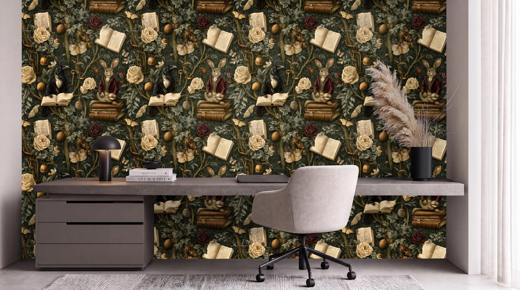 a modern workspace with a large wallpapered wall adorned with a repeating pattern of books, flowers, and other decorative elements. The workspace includes a desk with a chair, a lamp, and a vase with flowers, creating a cozy and inviting atmosphere.