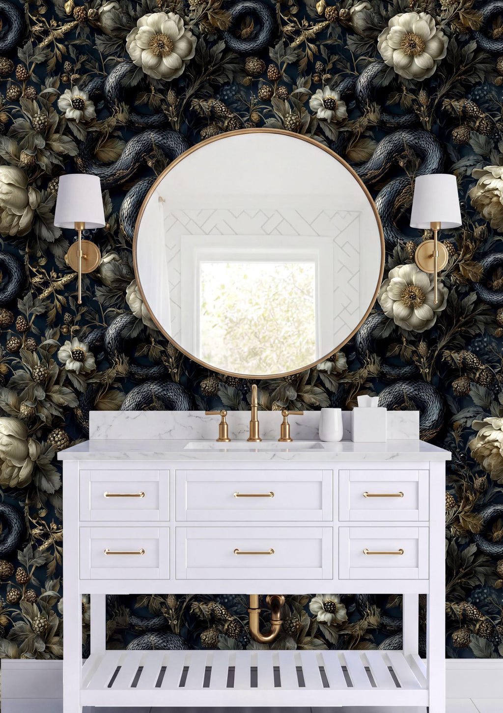 a bathroom vanity with a white countertop, a round mirror, and two white sconces on either side. The wall behind the vanity is covered in a dark floral wallpaper, creating a striking contrast with the white elements of the vanity.
