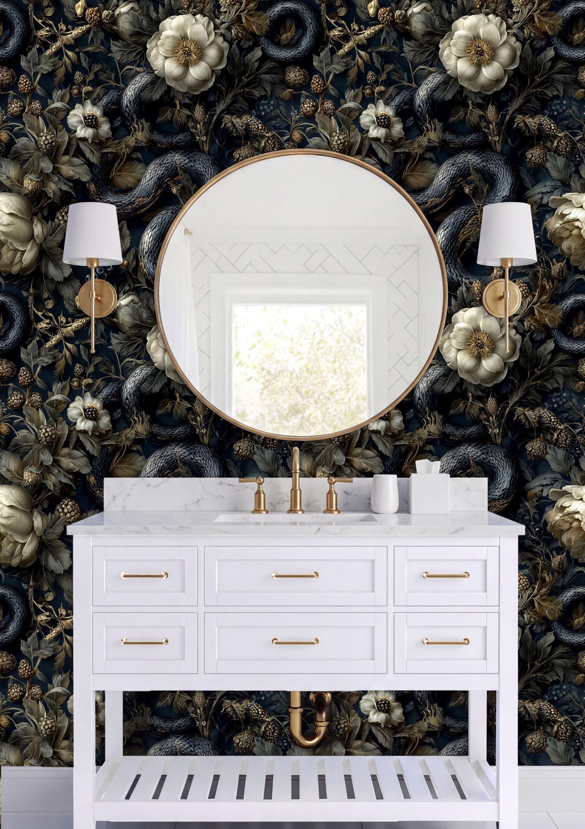 a bathroom vanity with a white countertop, a round mirror, and two white sconces on either side. The wall behind the vanity is covered in a dark floral wallpaper, creating a striking contrast with the white elements of the vanity.