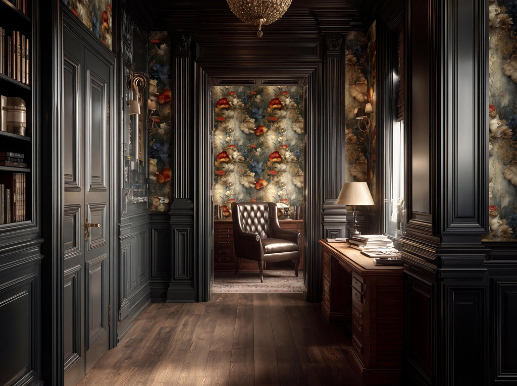 a luxurious and ornate room with dark wood paneling, a chandelier, and a leather armchair. The room has a high ceiling and a large window, allowing natural light to enter the space. The walls are adorned with a floral wallpaper, adding a touch of elegance and sophistication to the room.