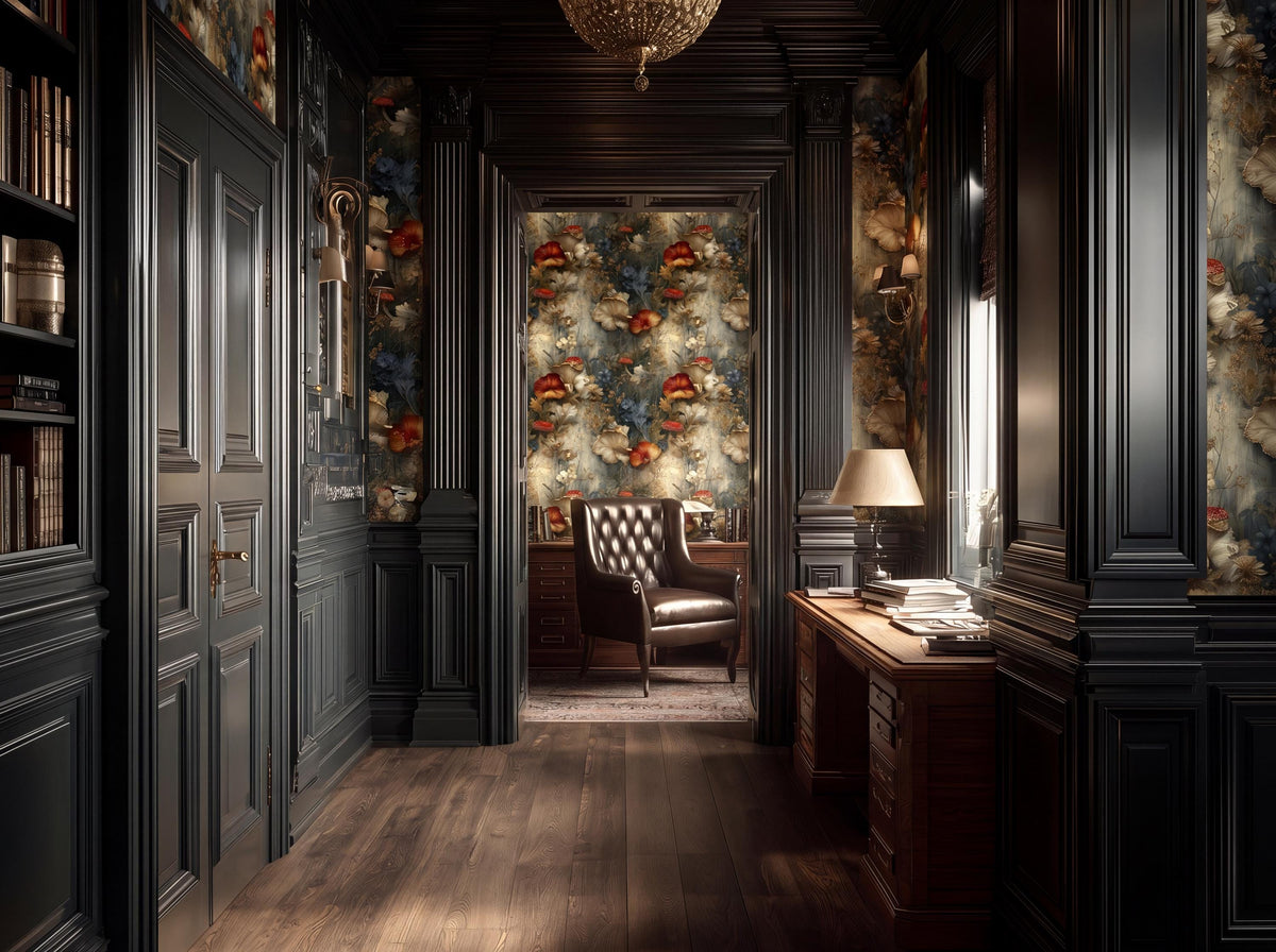 a luxurious and ornate room with dark wood paneling, a chandelier, and a leather armchair. The room has a high ceiling and a large window, allowing natural light to enter the space. The walls are adorned with a floral wallpaper, adding a touch of elegance and sophistication to the room.