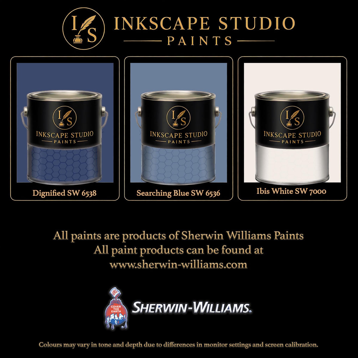 The image is an advertisement for Sherwin Williams paints, featuring three different paint color samples from the Inkscape Studio.