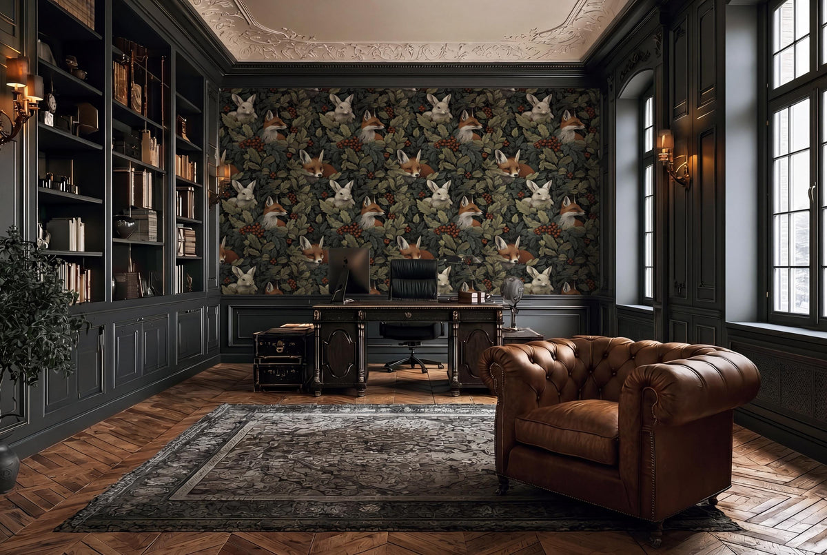 a luxurious and elegant living room with a large bookshelf, a tufted leather armchair, and a patterned wallpaper featuring foxes.