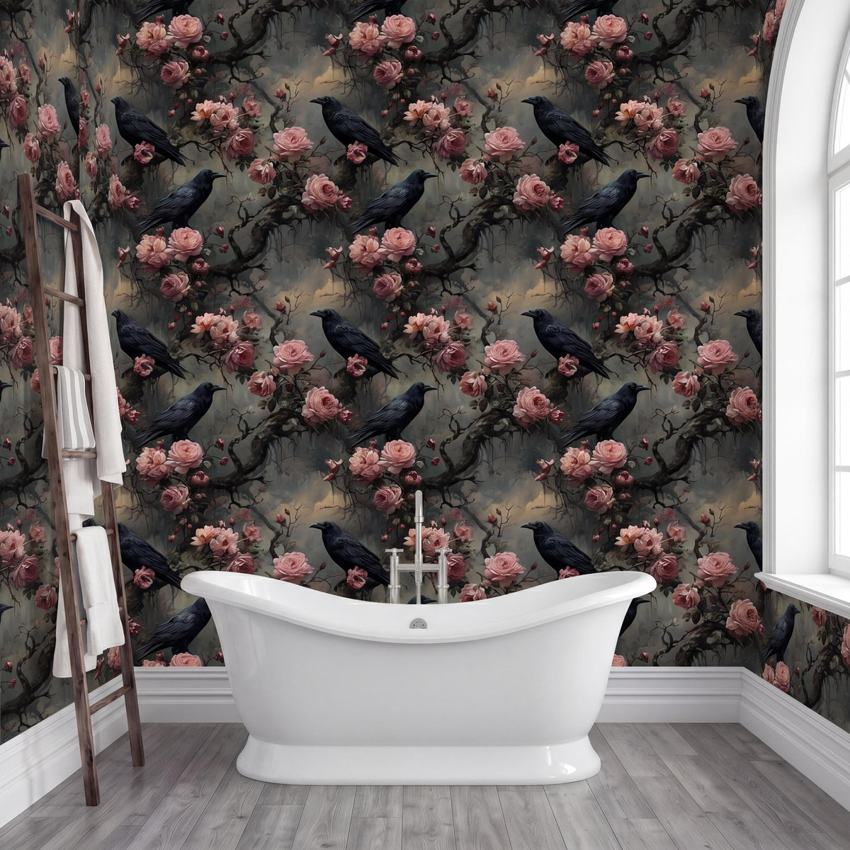 a bathroom with a white clawfoot bathtub in the center, surrounded by a wall with a floral pattern of black crows and pink flowers.